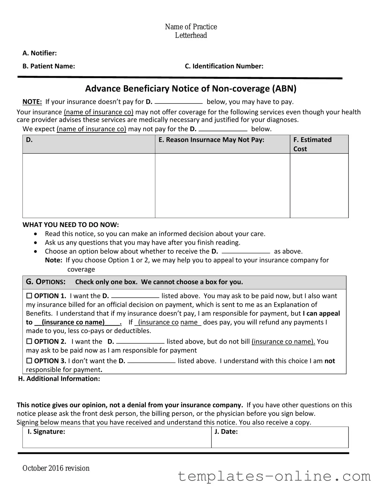 Advance Beneficiary Notice of Non-coverage Template
