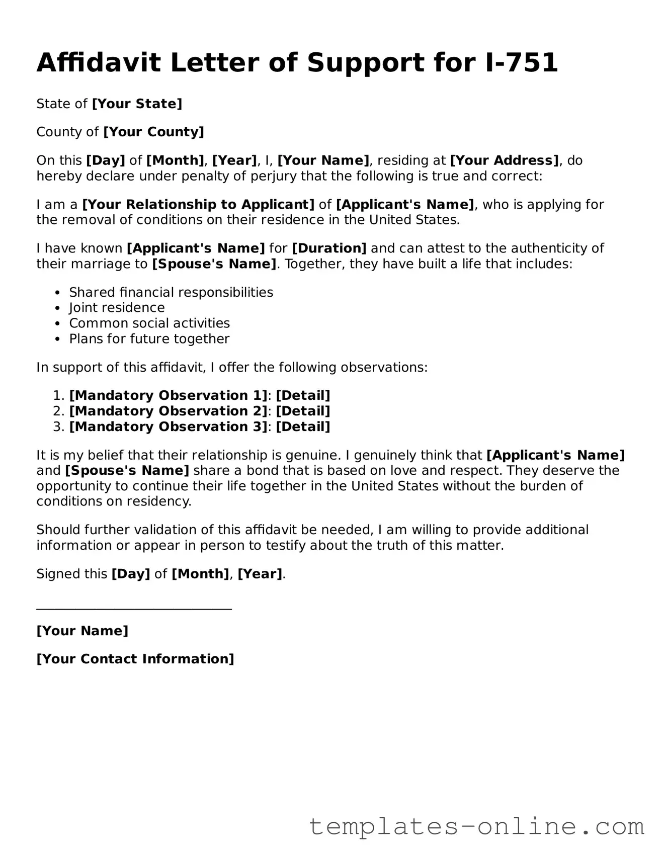 Attorney-Verified Affidavit Letter of Support for I-751 Template