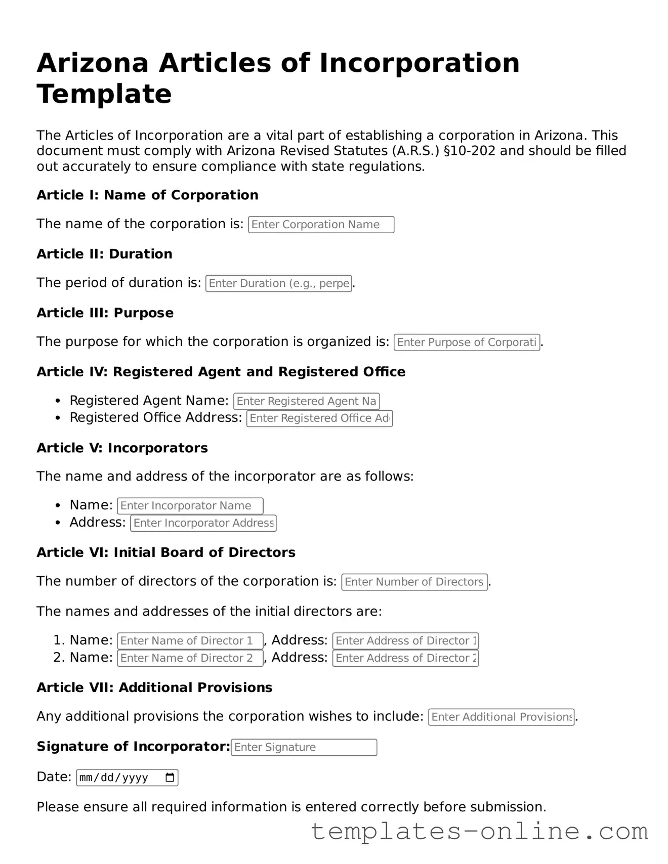 Valid  Articles of Incorporation Template for Arizona