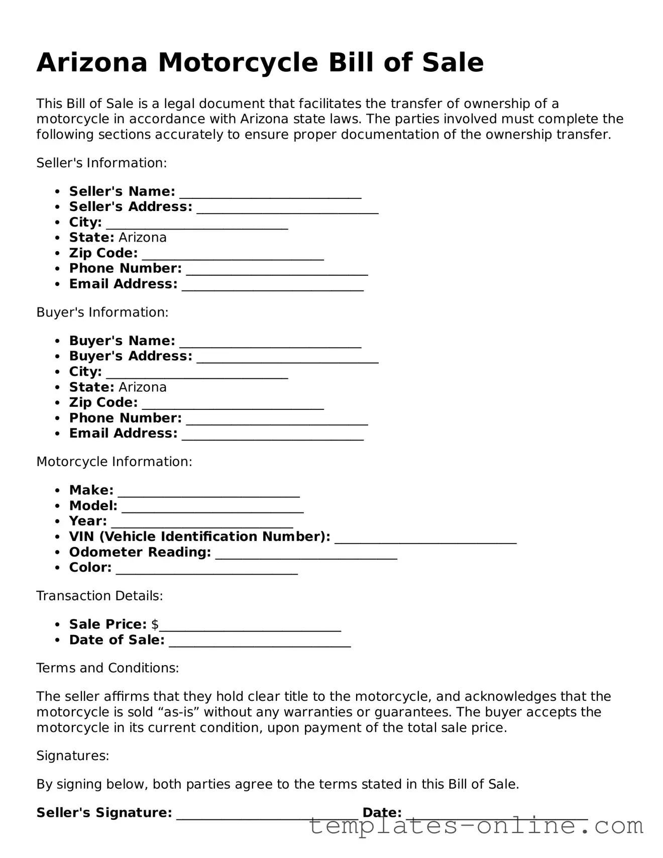 Valid  Motorcycle Bill of Sale Template for Arizona