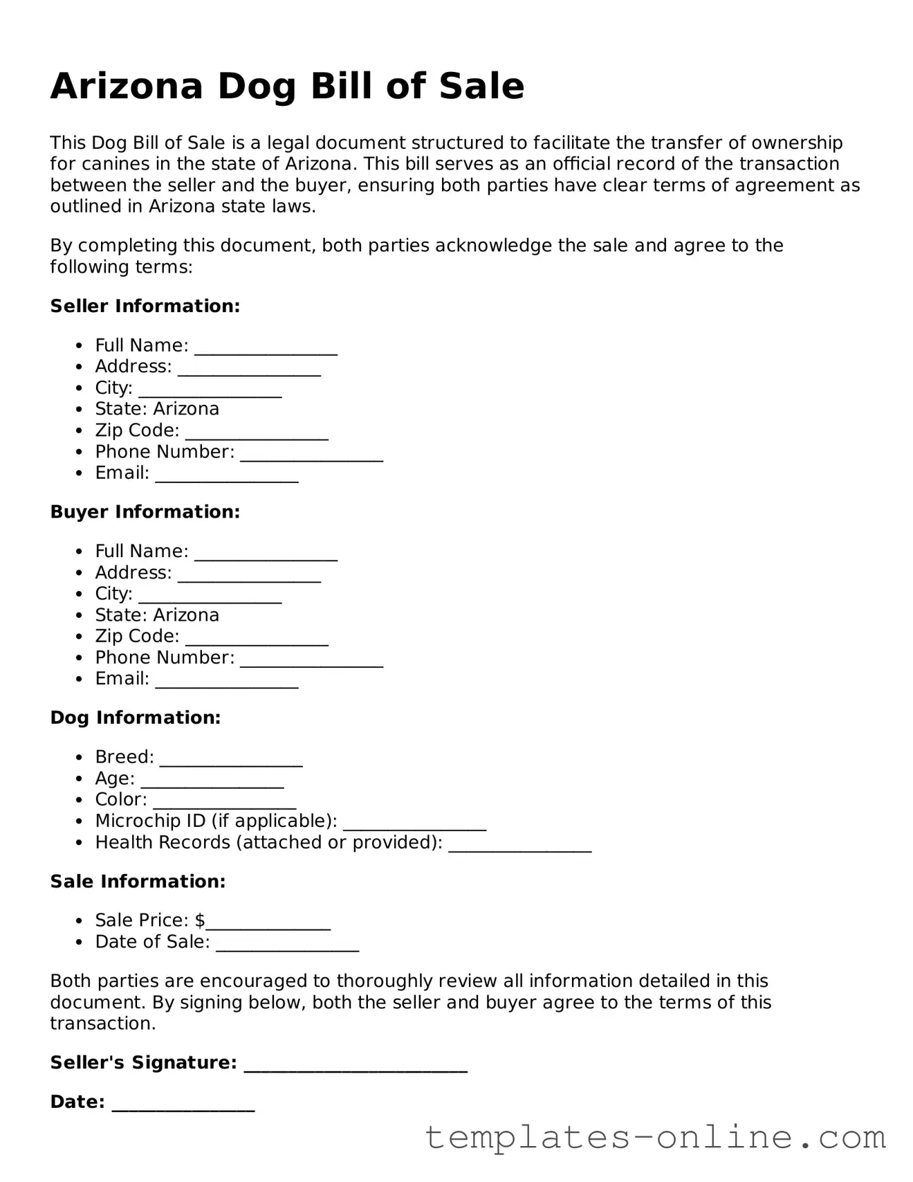 Valid  Dog Bill of Sale Template for Arizona