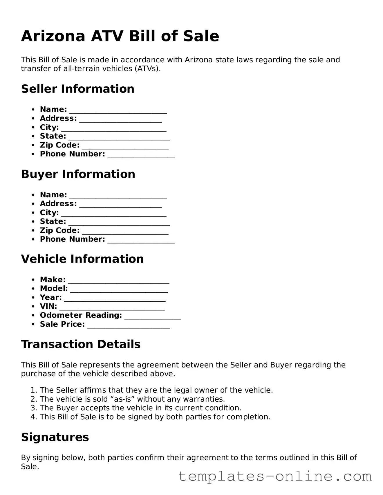 Valid  ATV Bill of Sale Template for Arizona