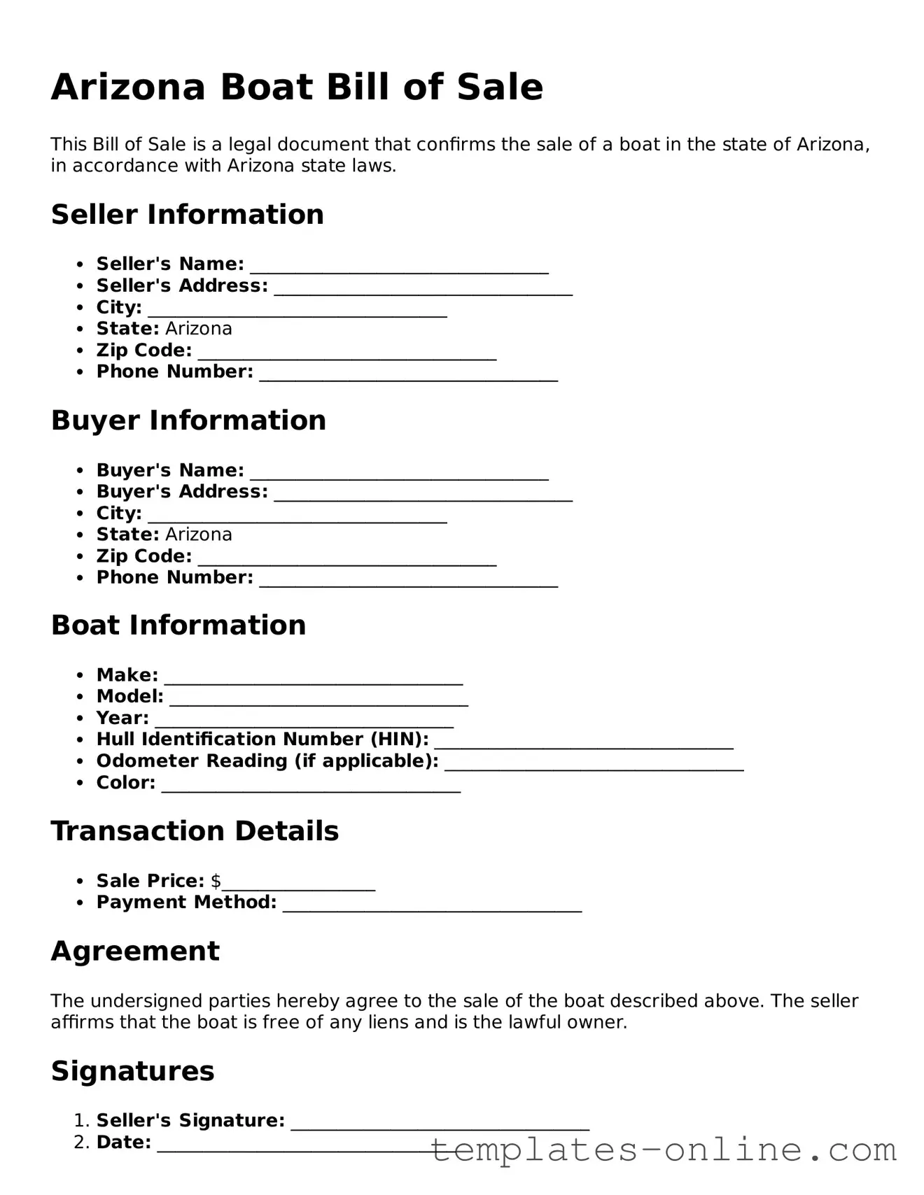 Valid  Boat Bill of Sale Template for Arizona