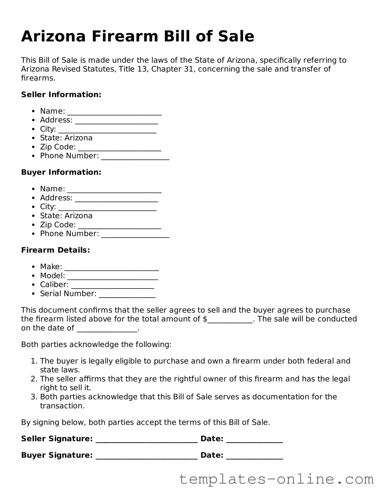 Valid  Firearm Bill of Sale Template for Arizona