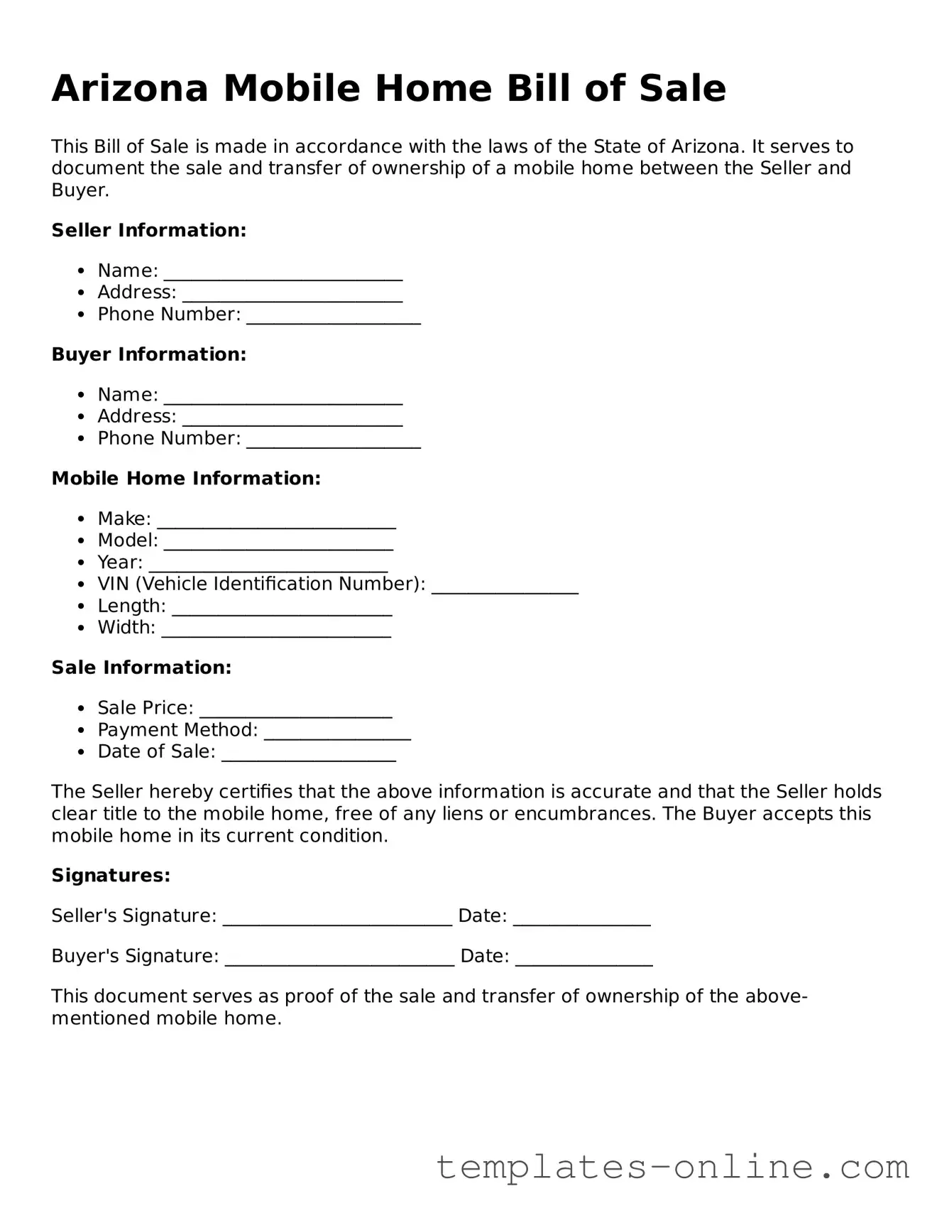 Valid  Mobile Home Bill of Sale Template for Arizona