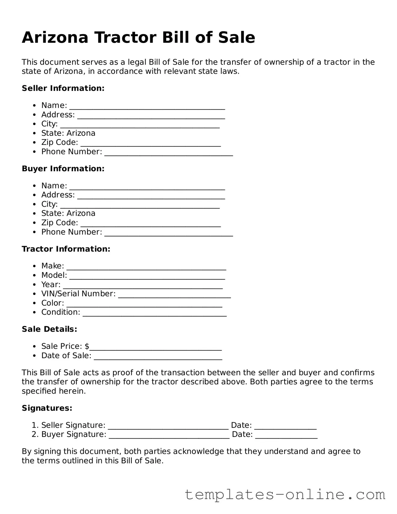 Valid  Tractor Bill of Sale Template for Arizona