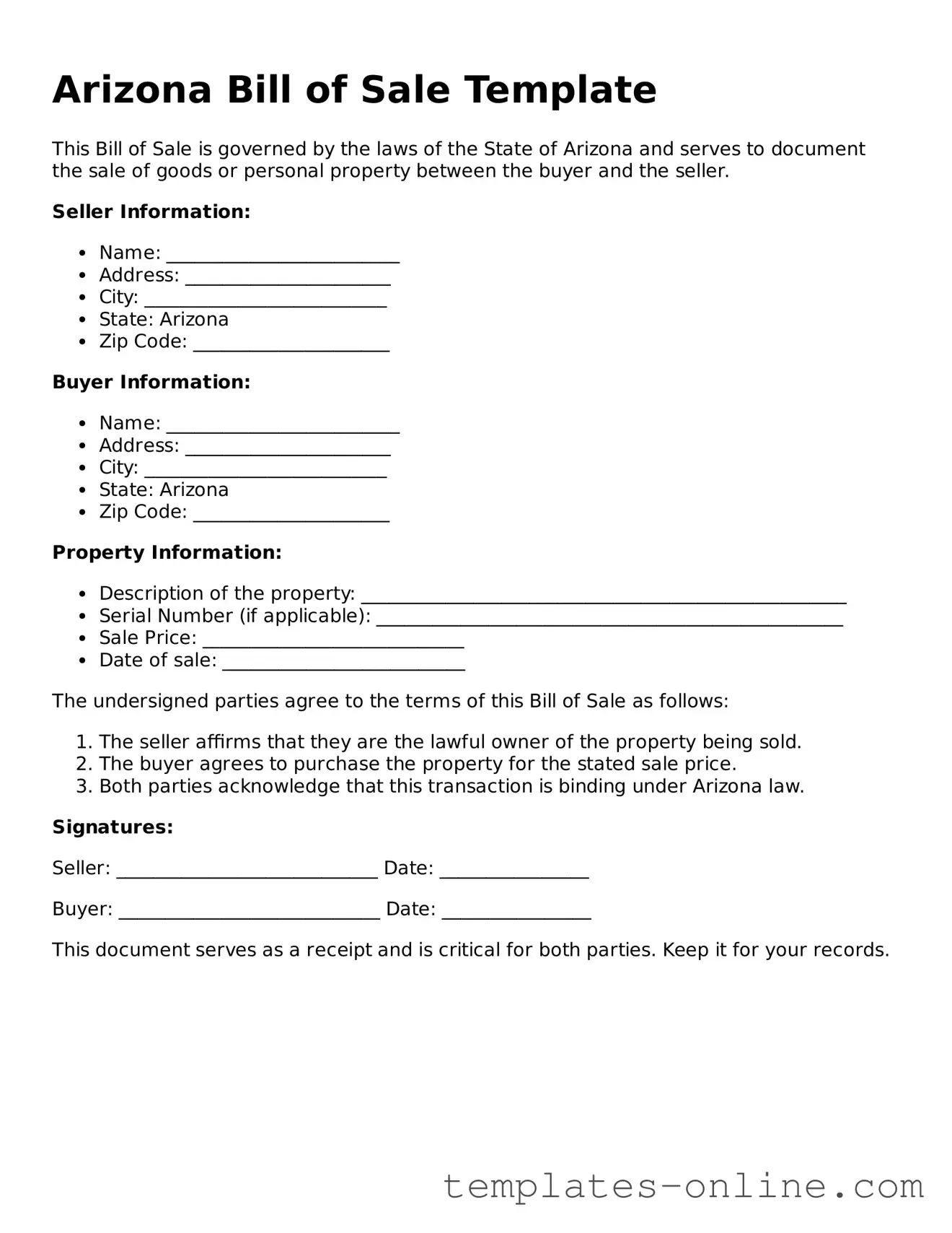 Valid  Bill of Sale Template for Arizona