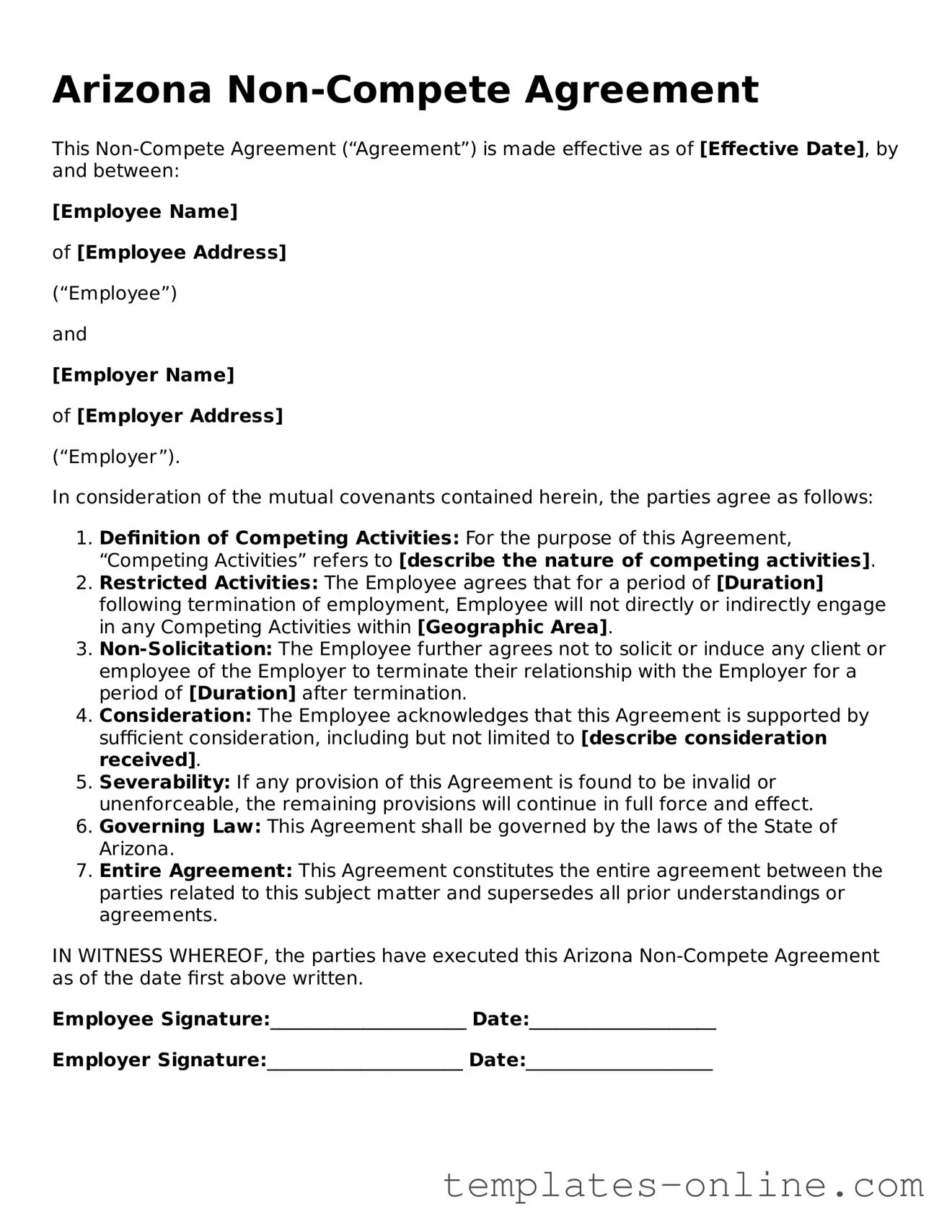 Valid  Non-compete Agreement Template for Arizona