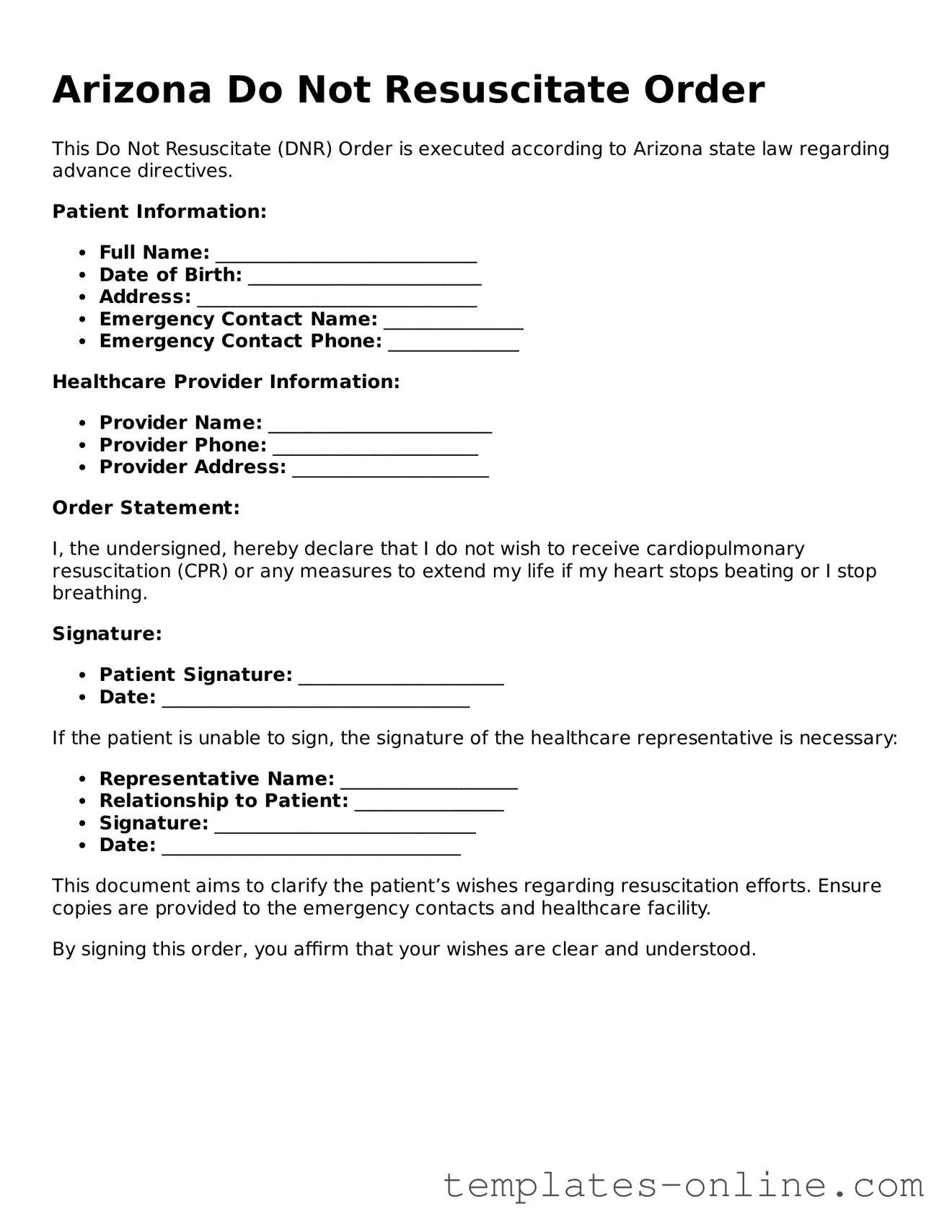 Valid  Do Not Resuscitate Order Template for Arizona