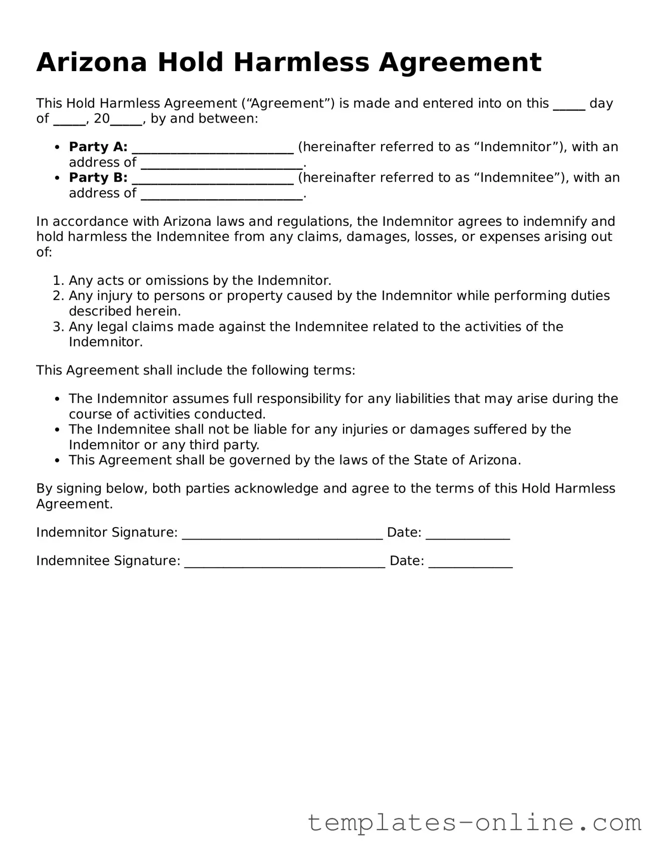 Valid  Hold Harmless Agreement Template for Arizona