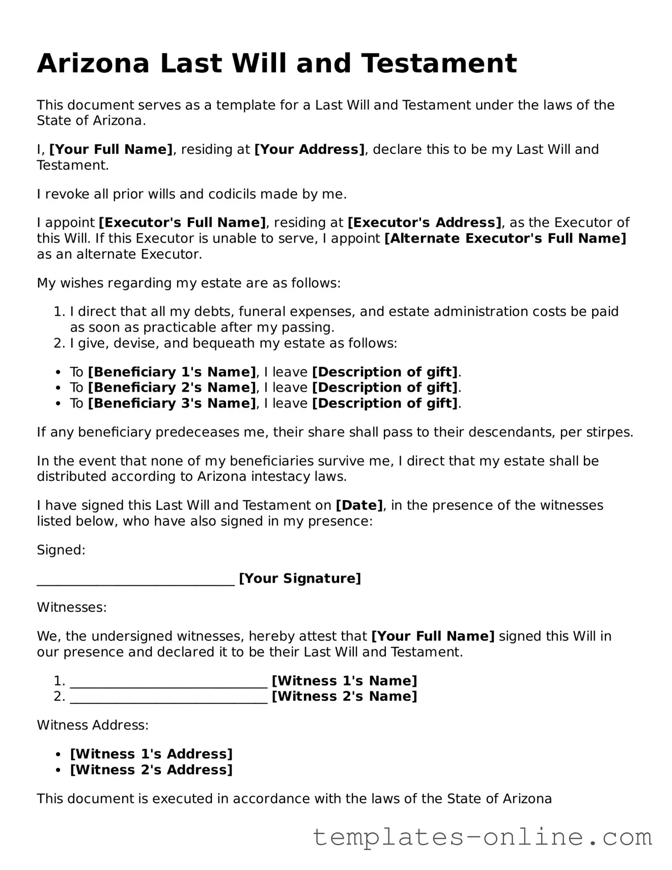 Valid  Last Will and Testament Template for Arizona