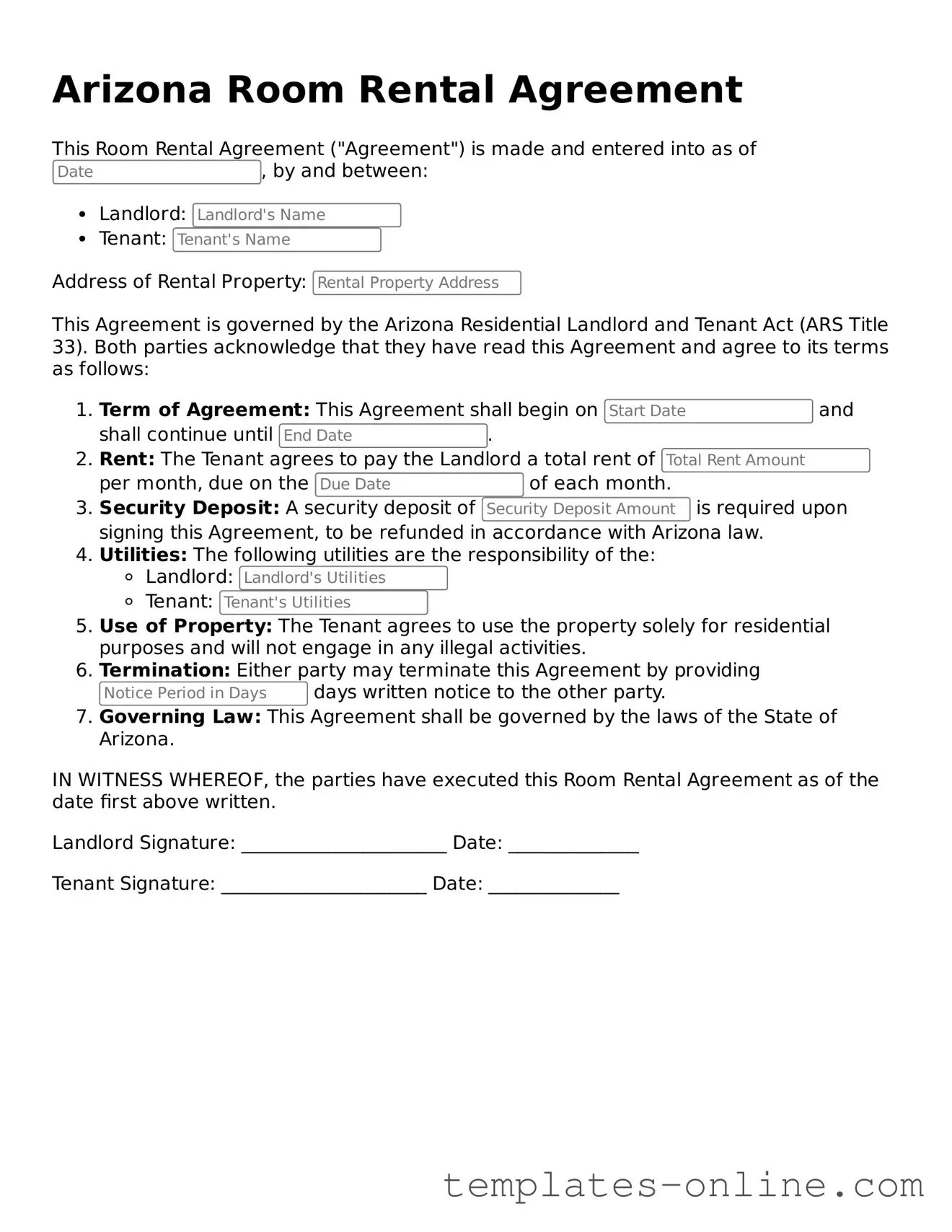 Valid  Room Rental Agreement Template for Arizona