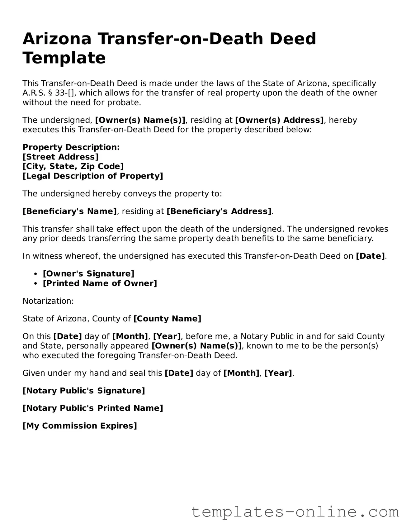 Valid  Transfer-on-Death Deed Template for Arizona