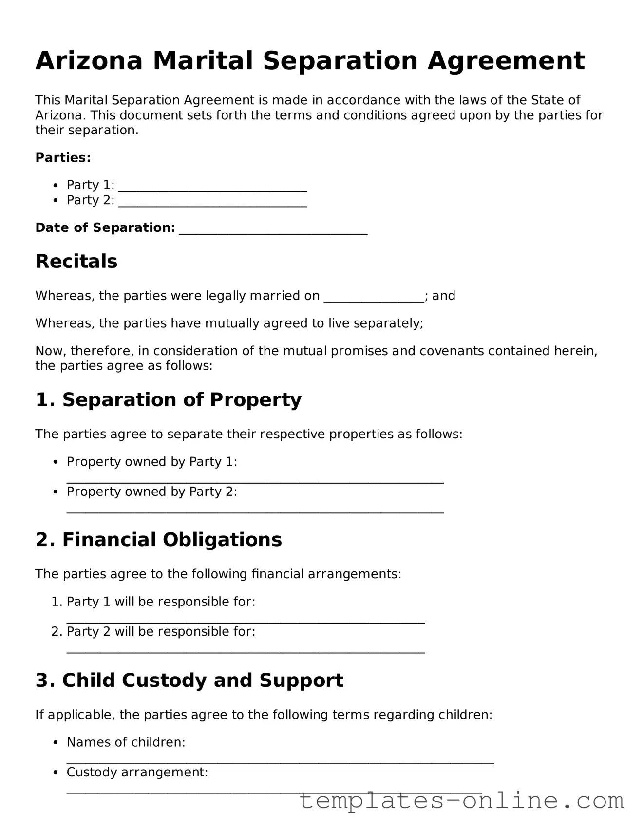 Valid  Marital Separation Agreement Template for Arizona
