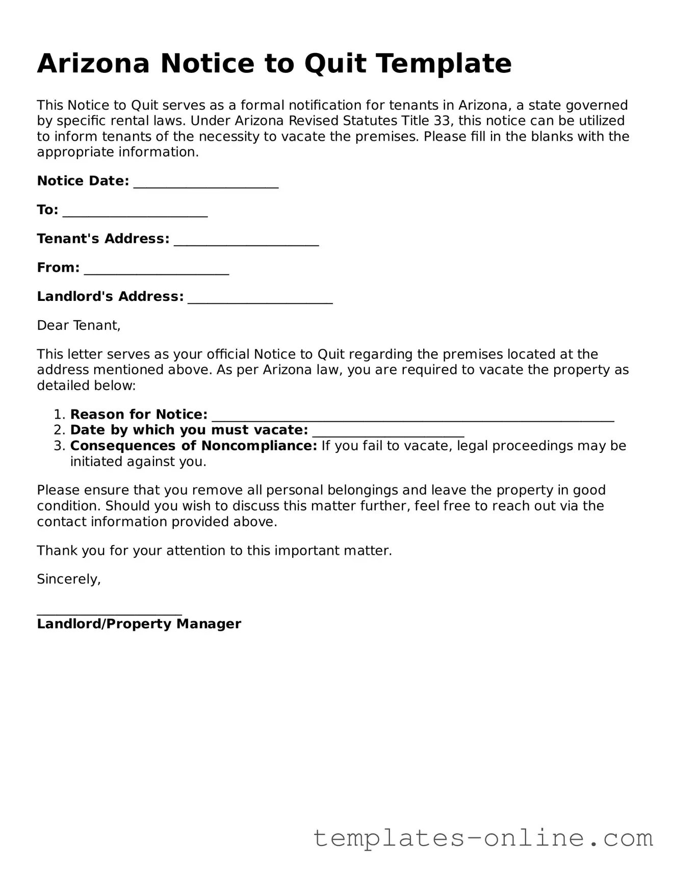 Valid  Notice to Quit Template for Arizona