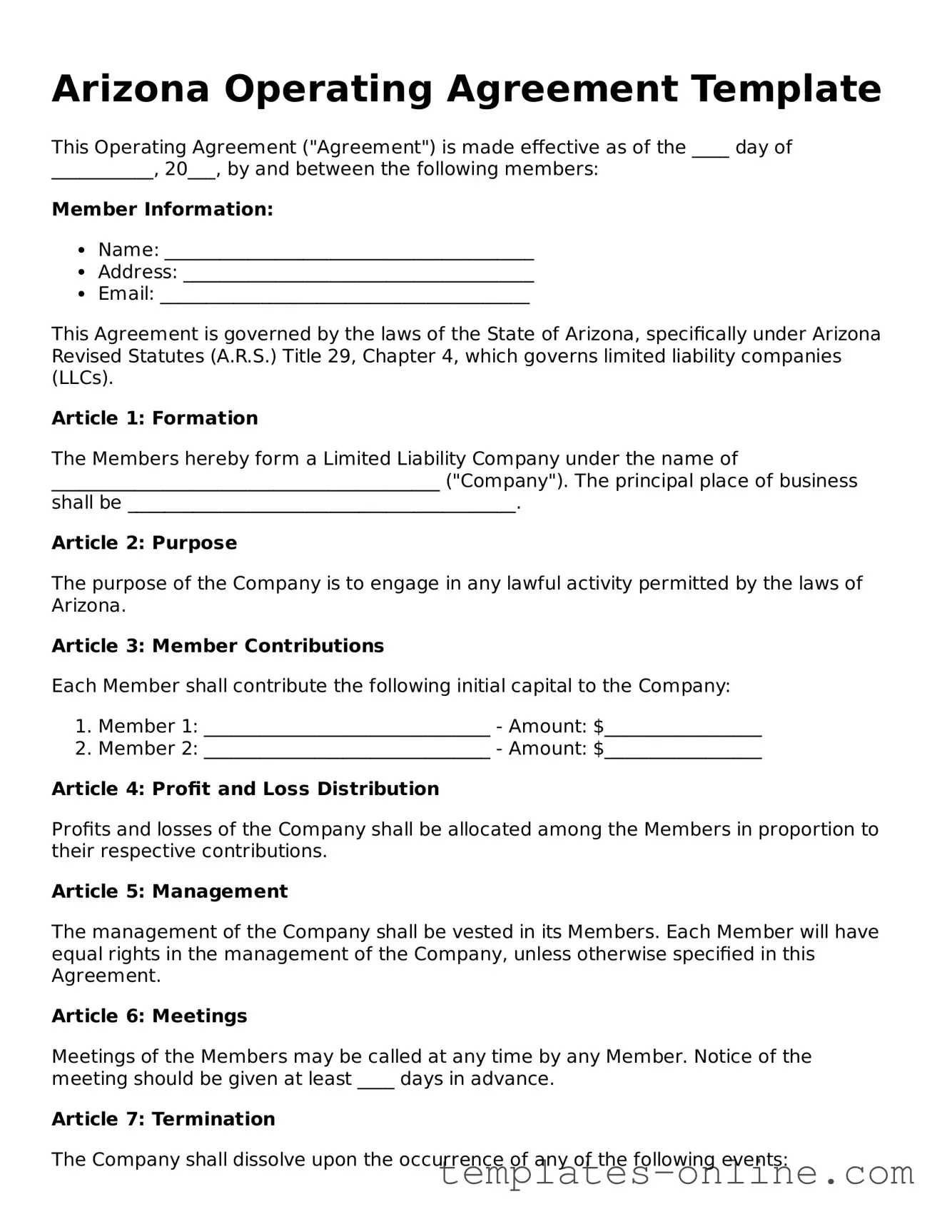 Valid  Operating Agreement Template for Arizona