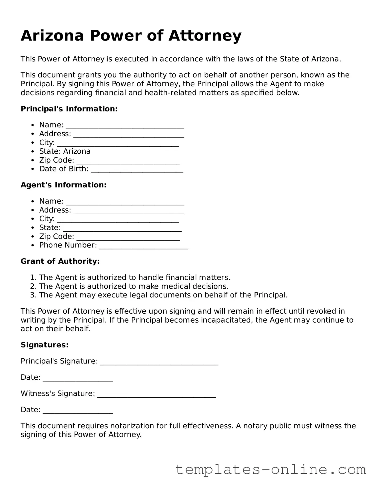 Valid  Power of Attorney Template for Arizona