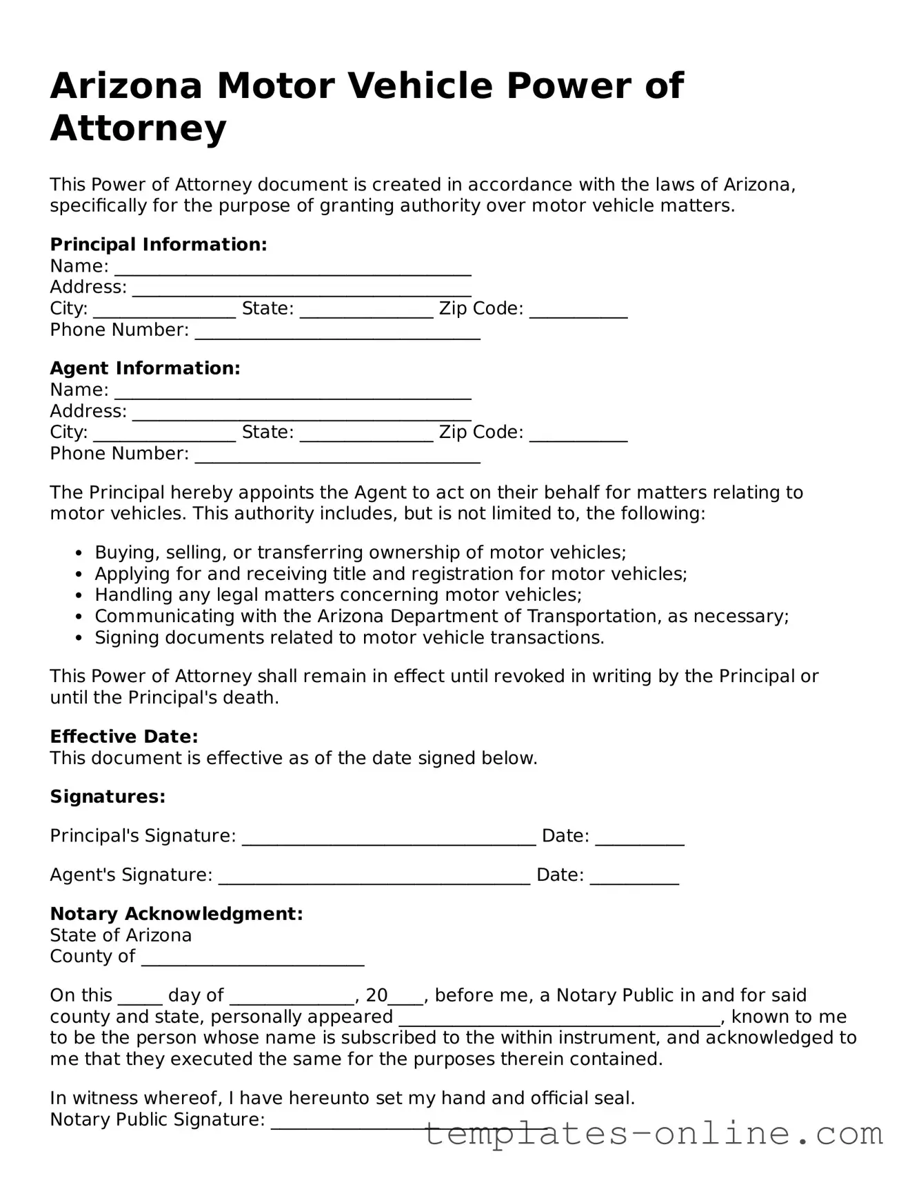 Valid  Motor Vehicle Power of Attorney Template for Arizona