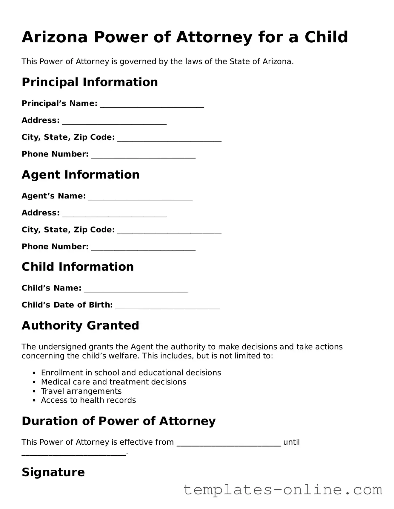 Valid  Power of Attorney for a Child Template for Arizona