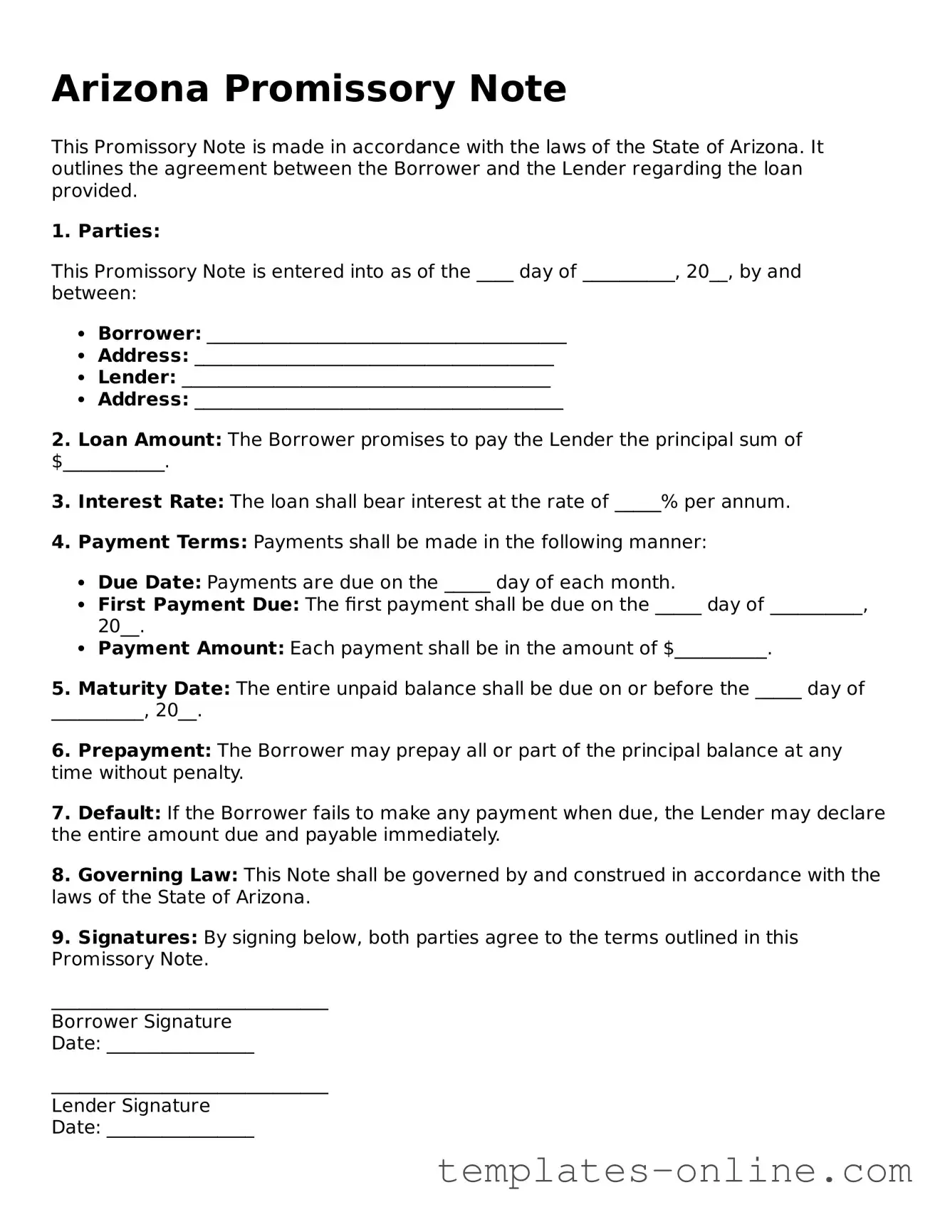 Valid  Promissory Note Template for Arizona