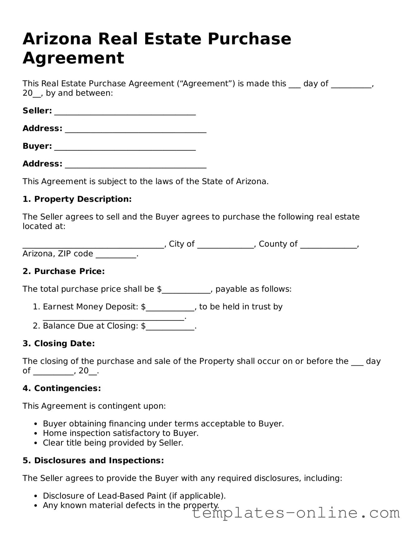 Valid  Real Estate Purchase Agreement Template for Arizona