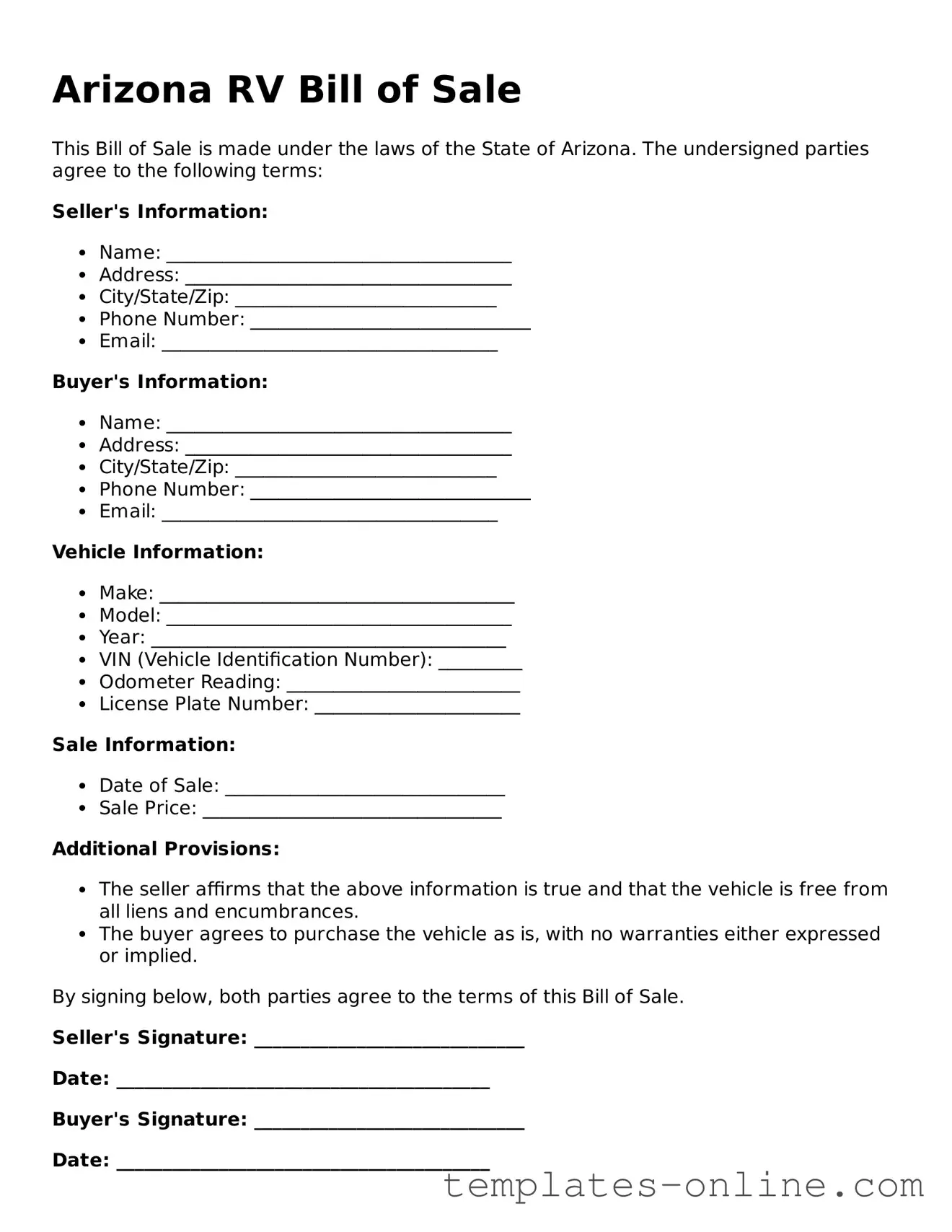 Valid  RV Bill of Sale Template for Arizona