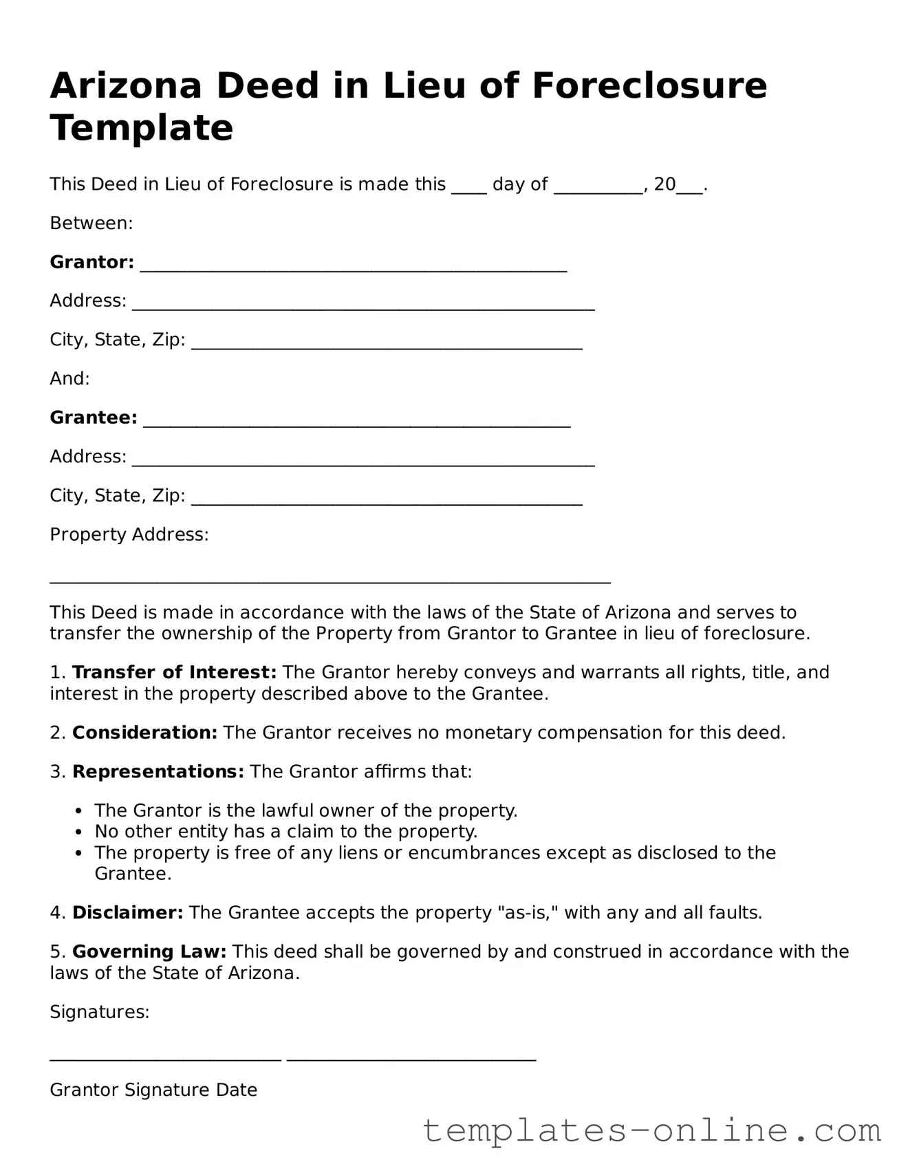 Valid  Deed in Lieu of Foreclosure Template for Arizona