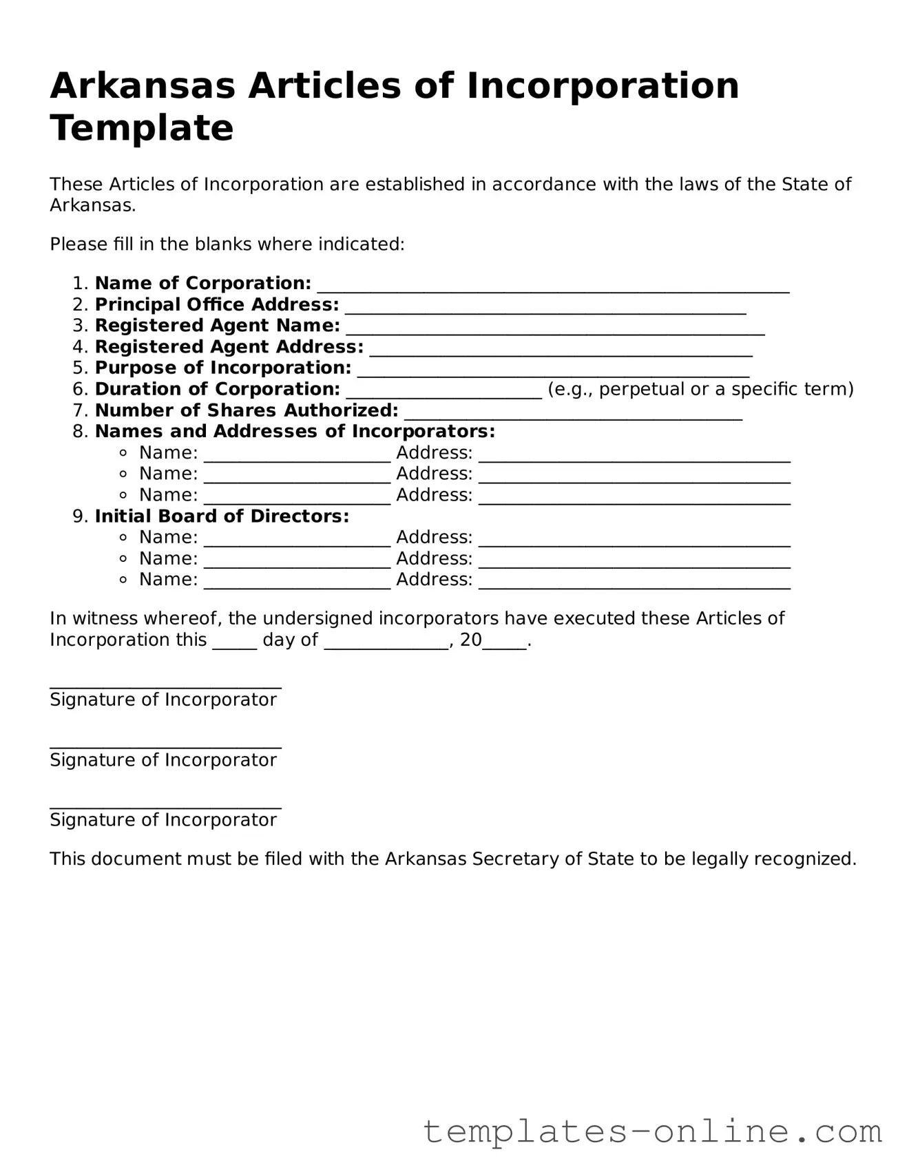 Valid  Articles of Incorporation Template for Arkansas