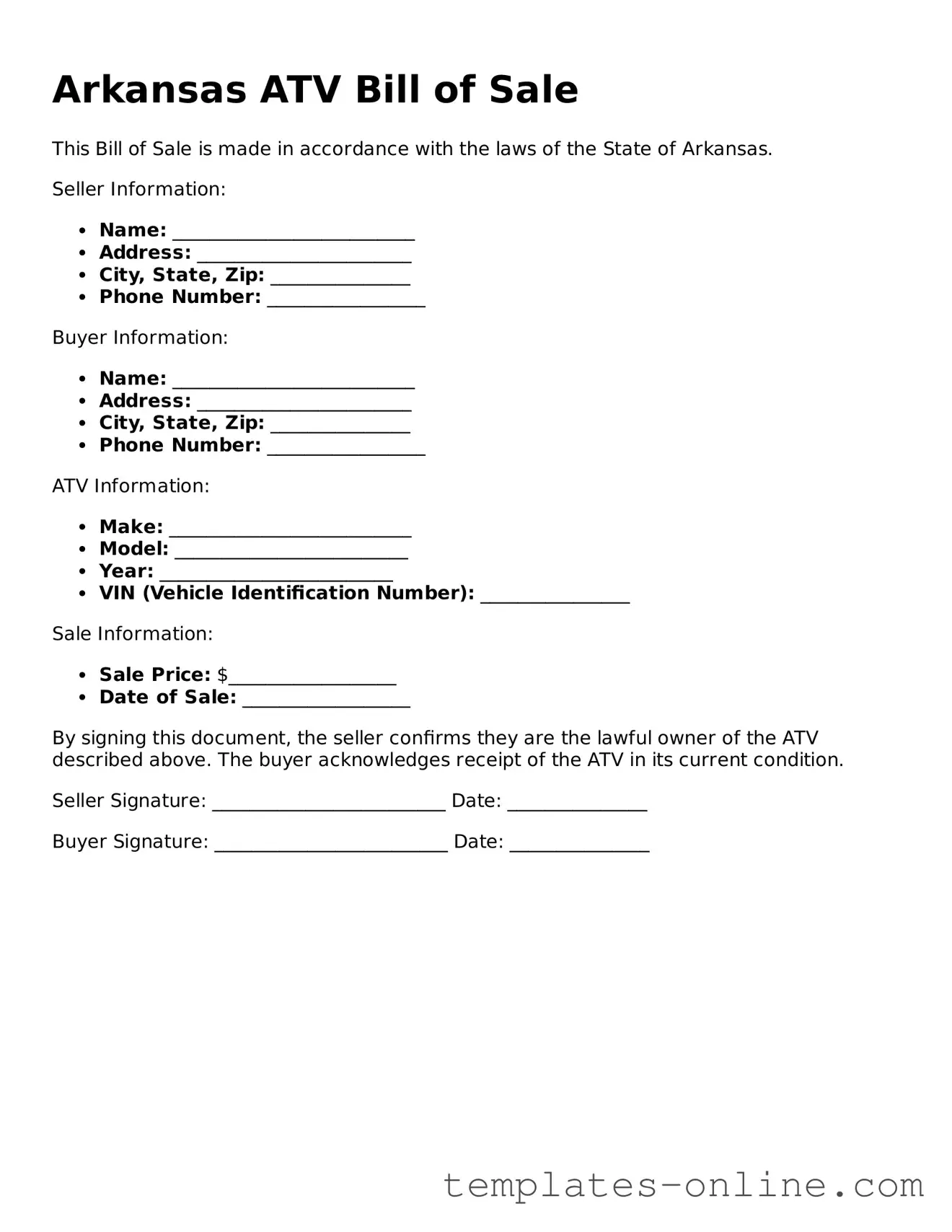 Valid  ATV Bill of Sale Template for Arkansas