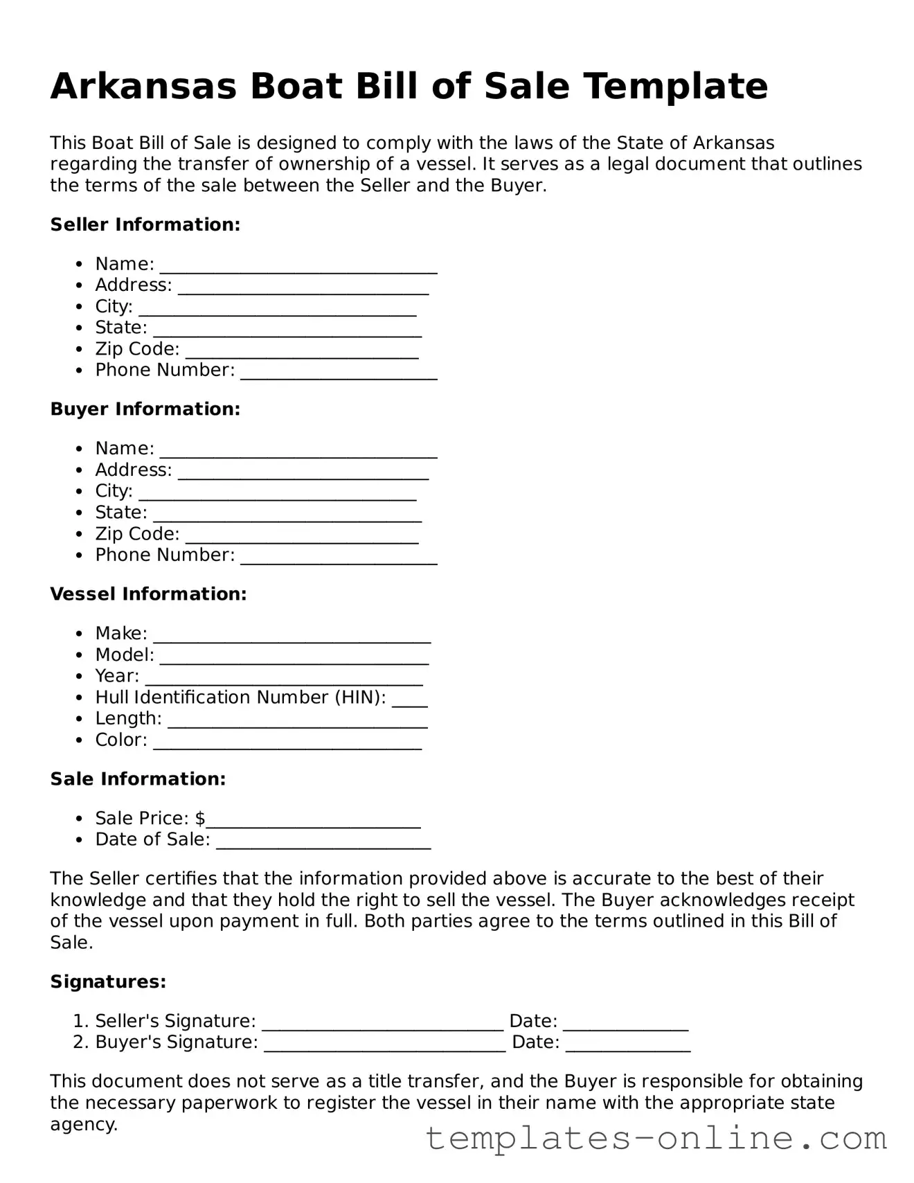 Valid  Boat Bill of Sale Template for Arkansas