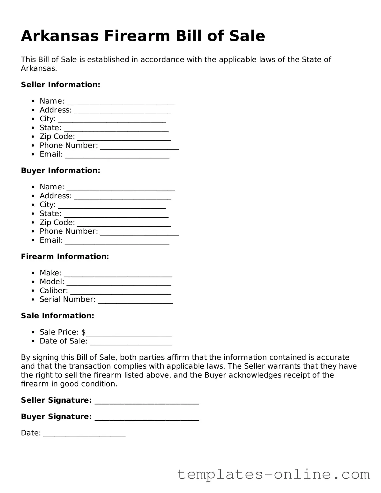 Valid  Firearm Bill of Sale Template for Arkansas