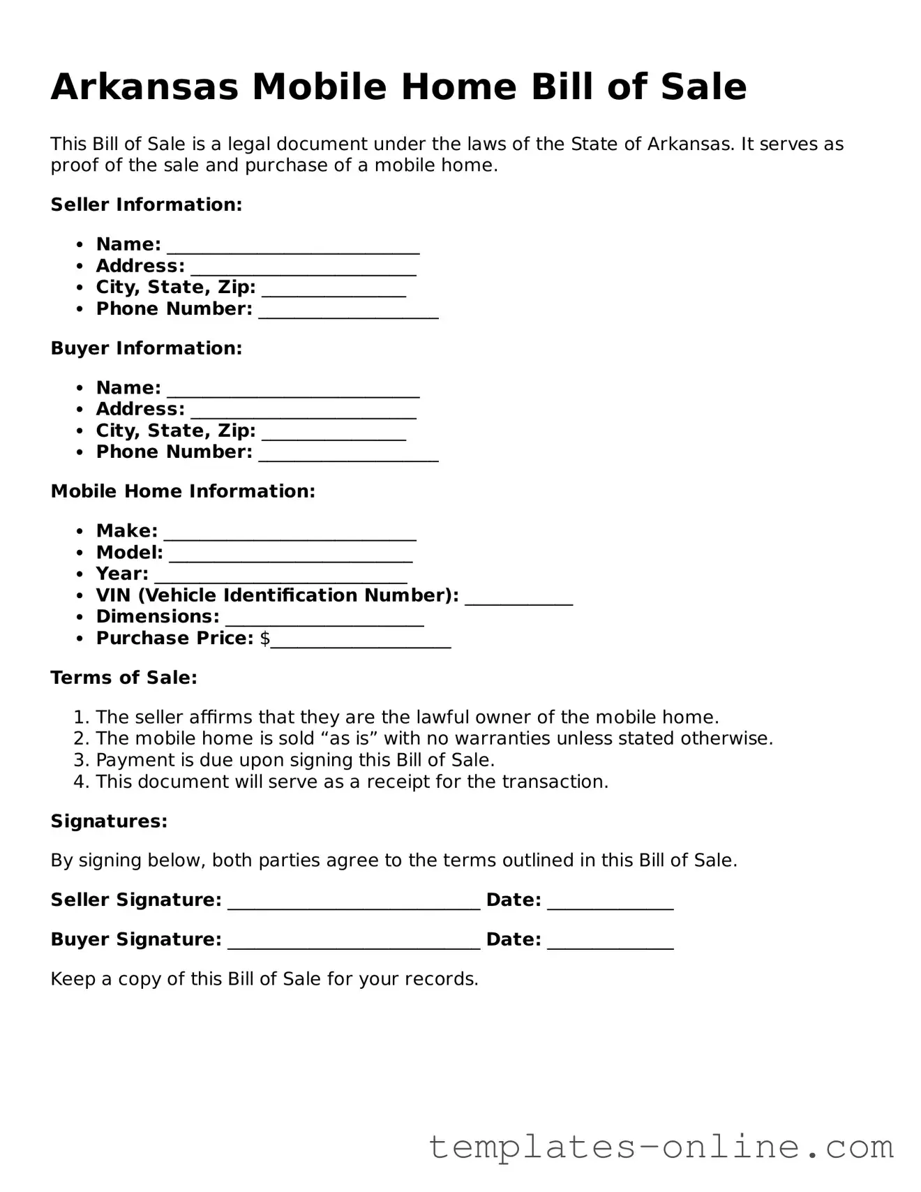 Valid  Mobile Home Bill of Sale Template for Arkansas