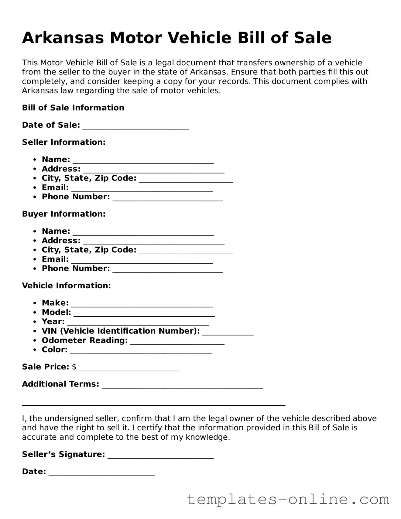 Valid  Motor Vehicle Bill of Sale Template for Arkansas