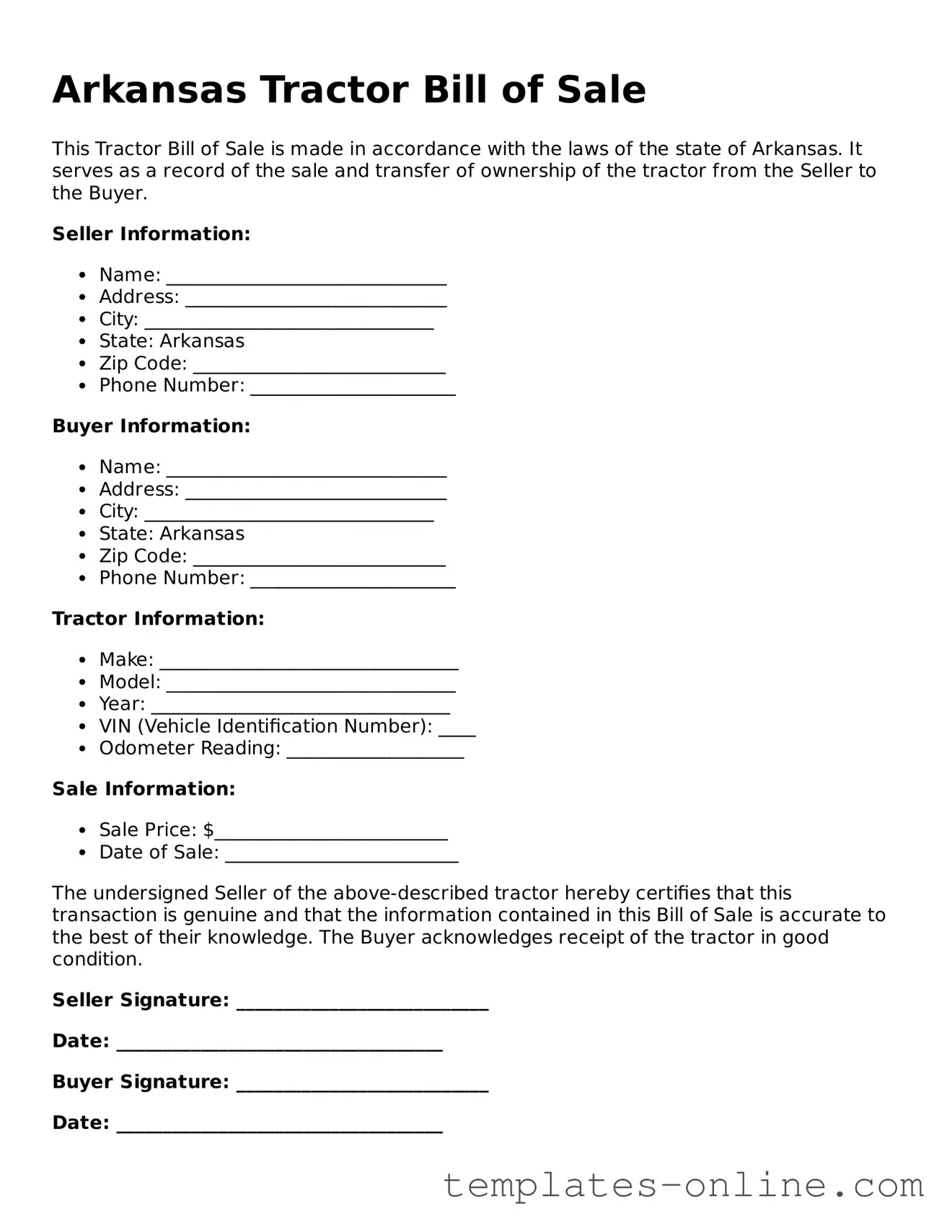 Valid  Tractor Bill of Sale Template for Arkansas