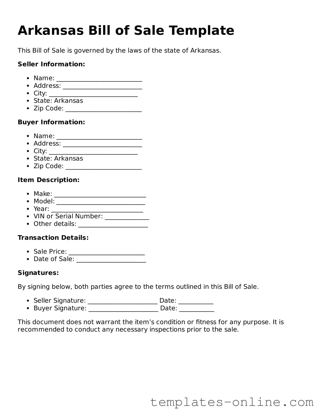 Valid  Bill of Sale Template for Arkansas