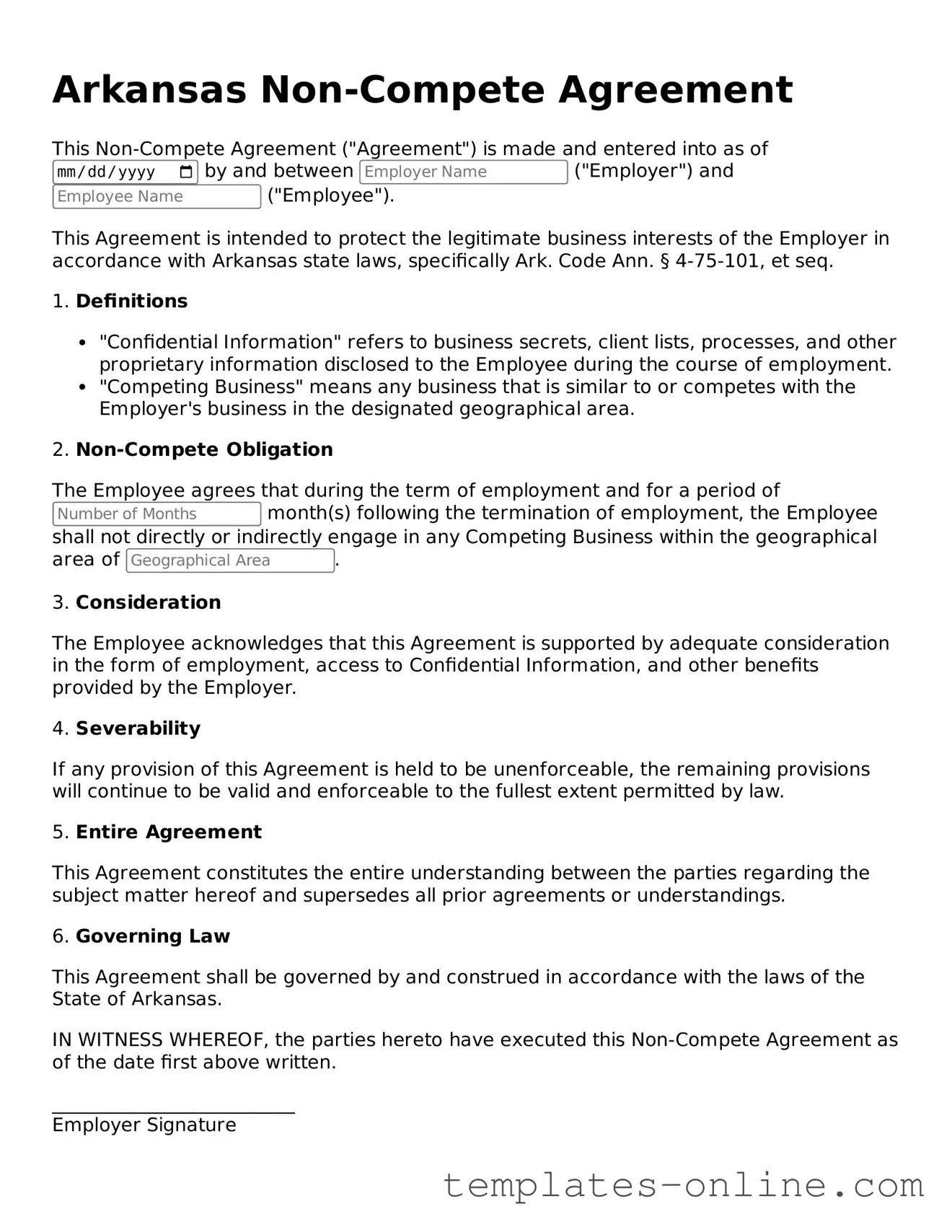 Valid  Non-compete Agreement Template for Arkansas