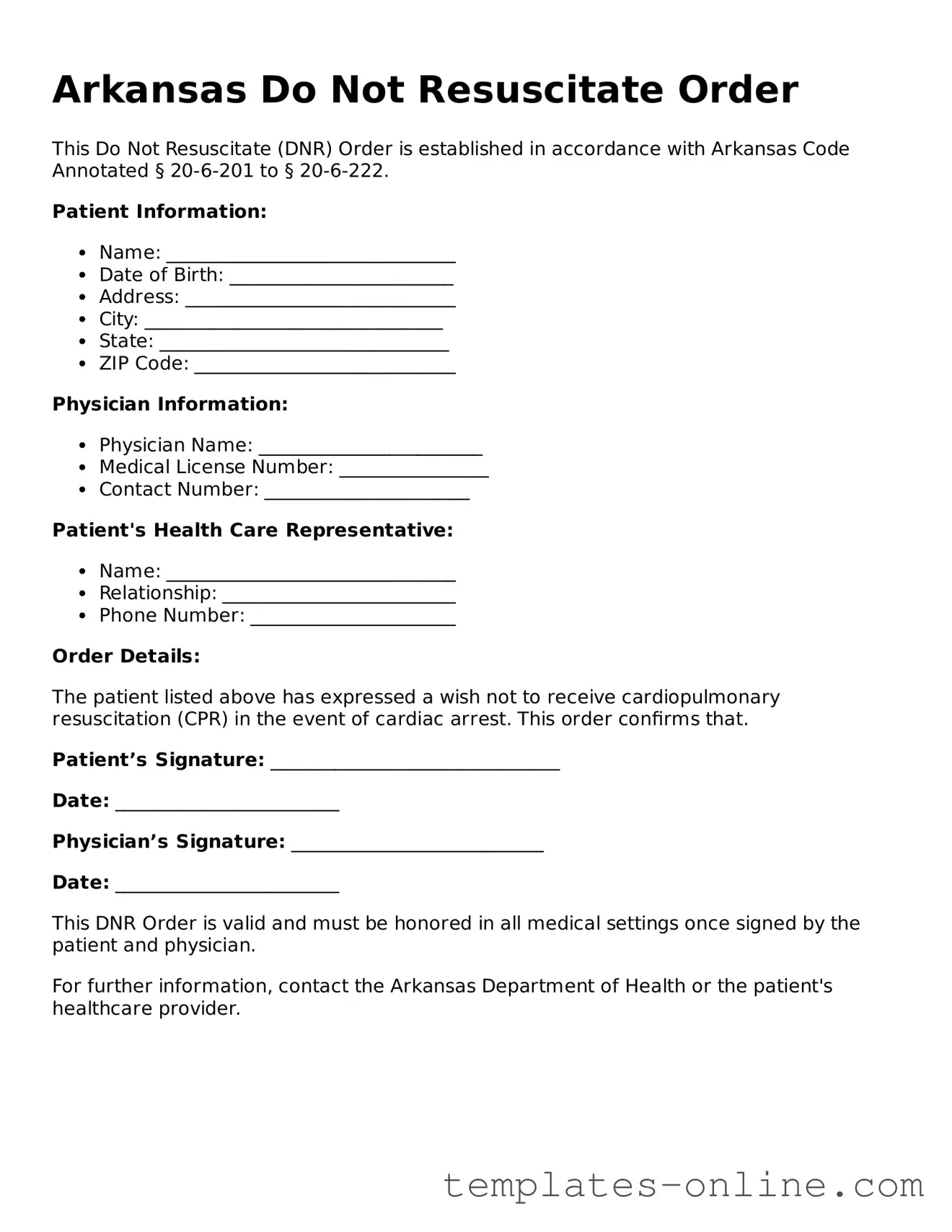 Valid  Do Not Resuscitate Order Template for Arkansas