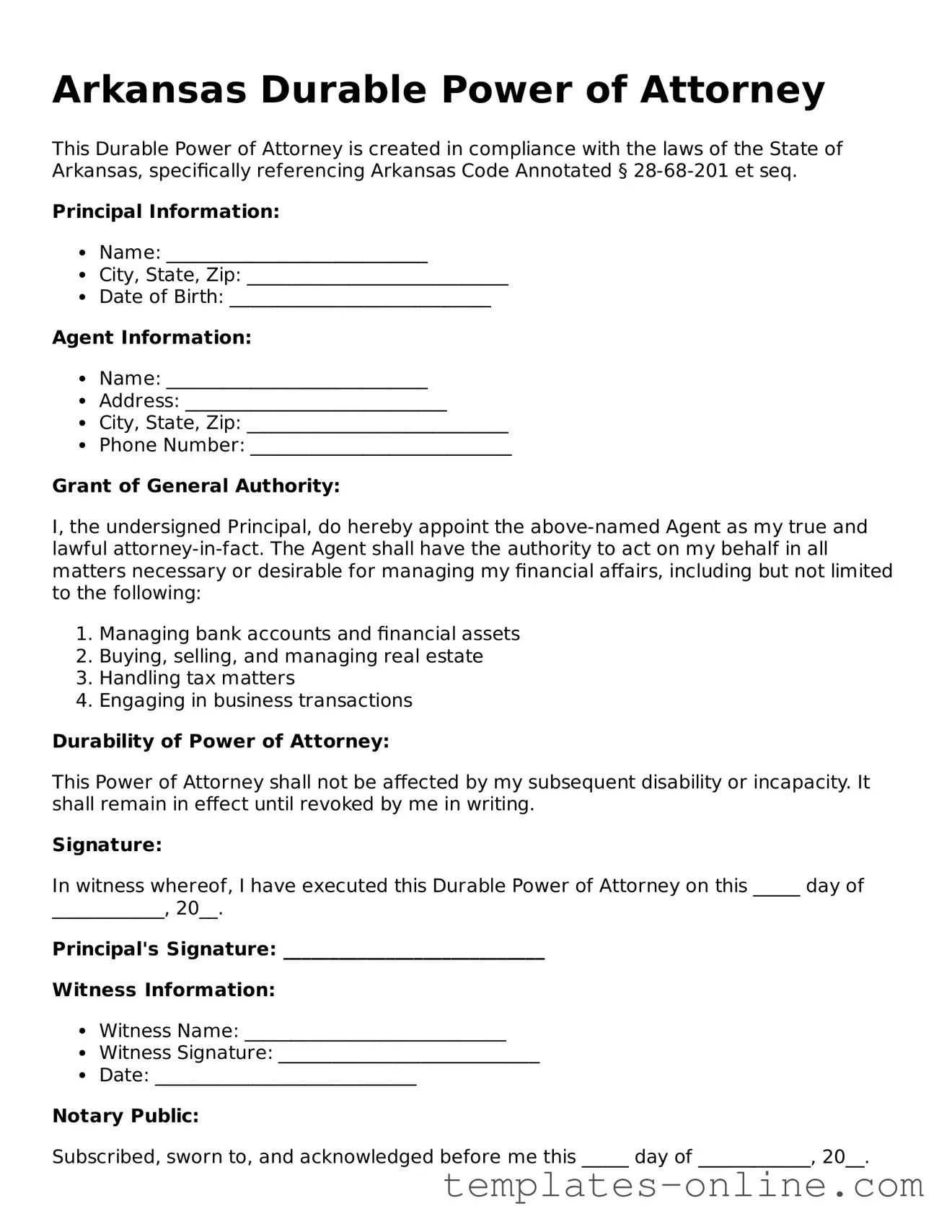 Valid  Durable Power of Attorney Template for Arkansas