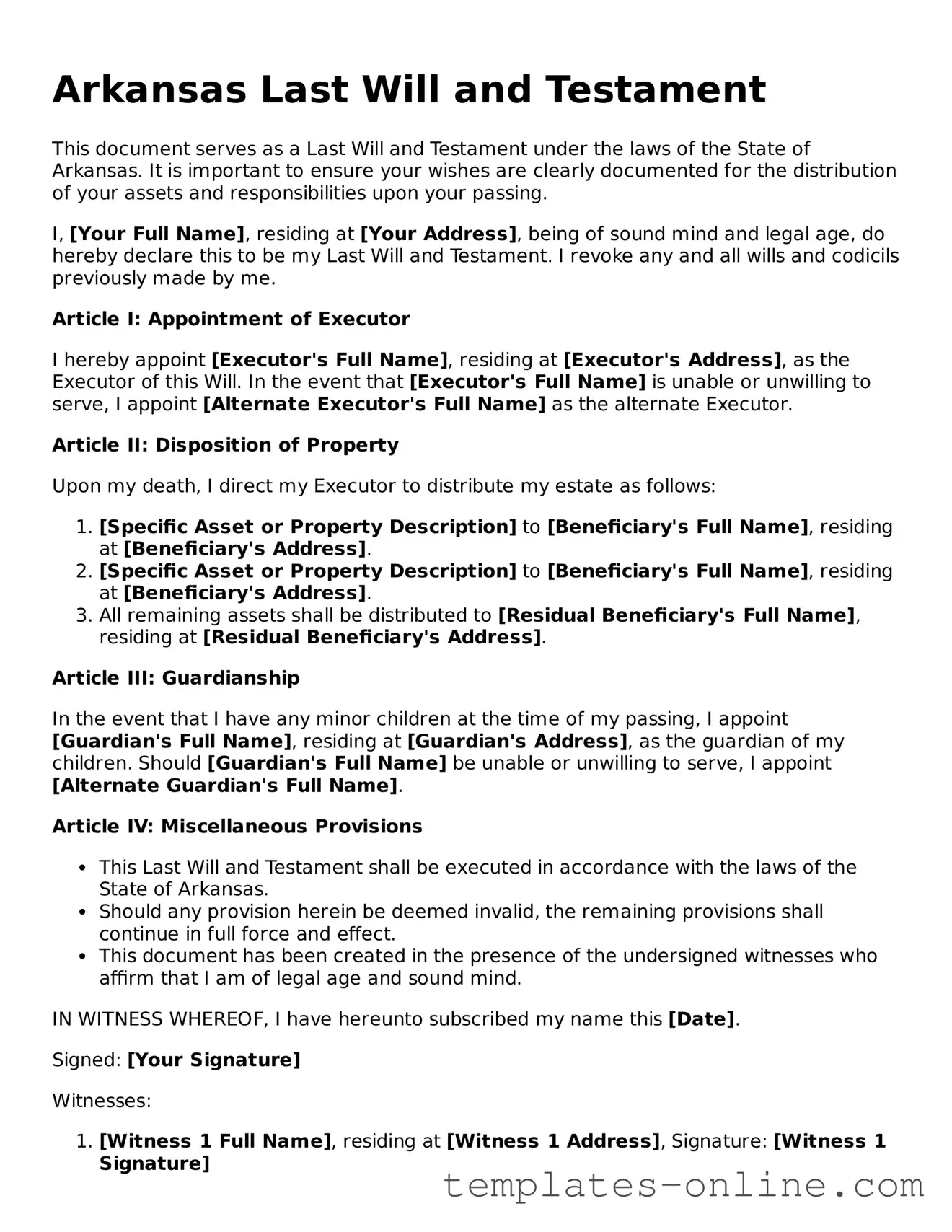 Valid  Last Will and Testament Template for Arkansas