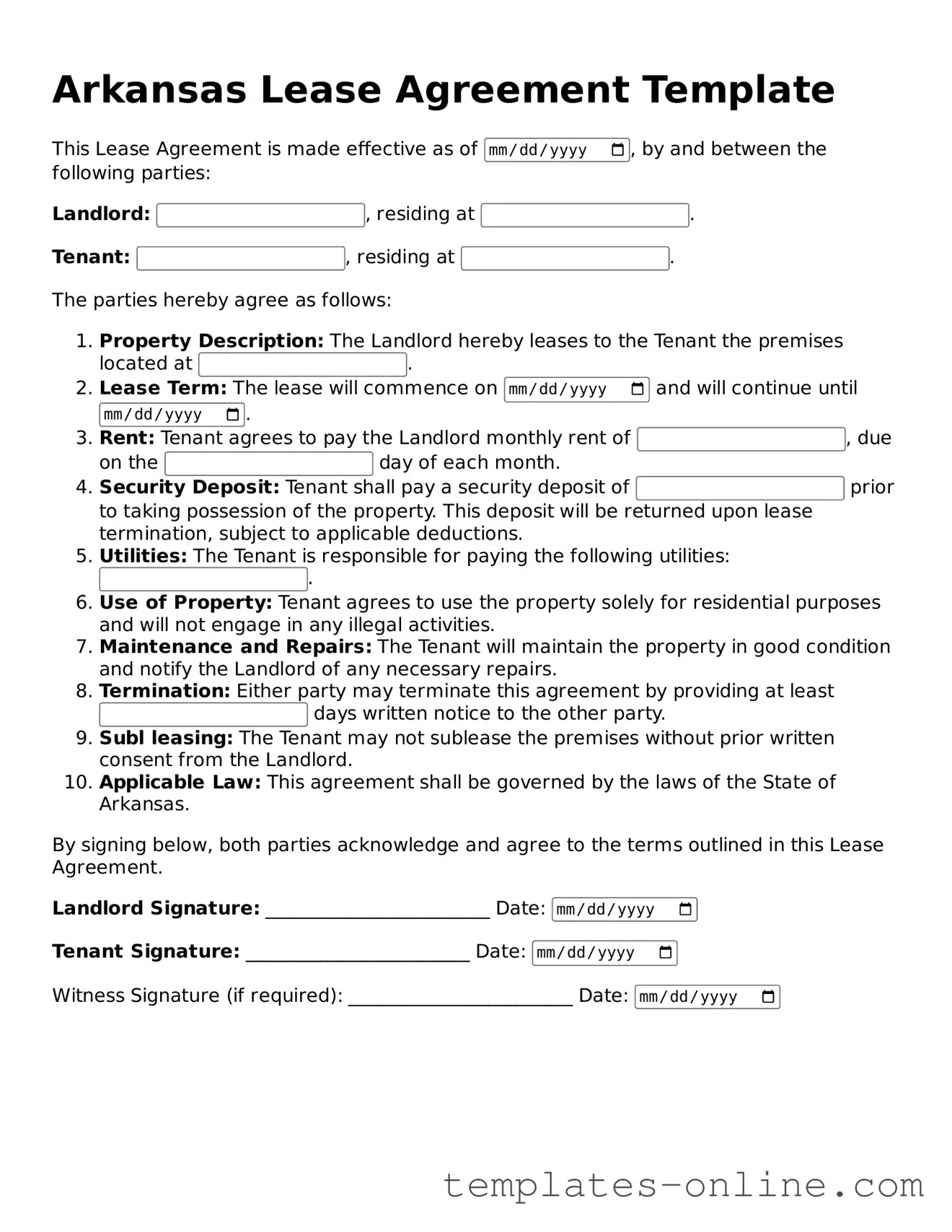 Valid  Lease Agreement Template for Arkansas