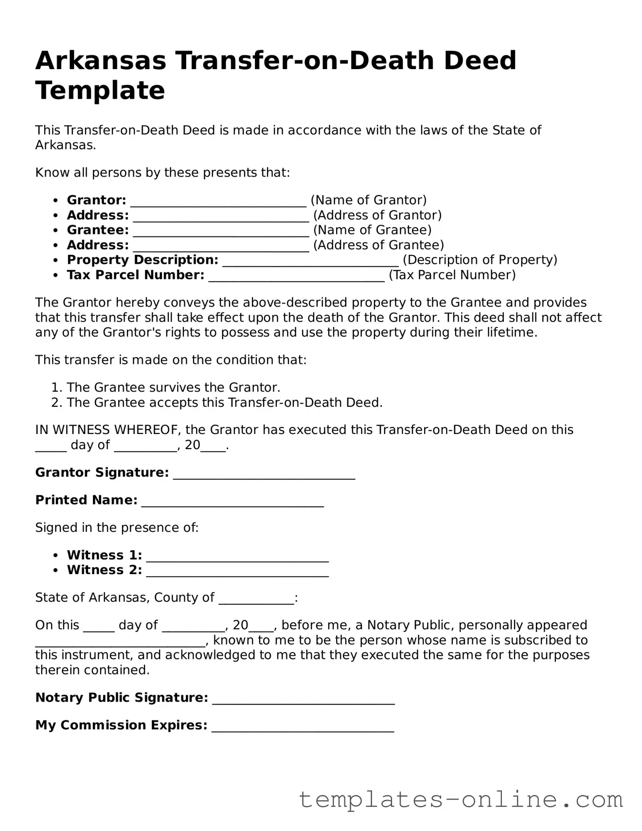 Valid  Transfer-on-Death Deed Template for Arkansas