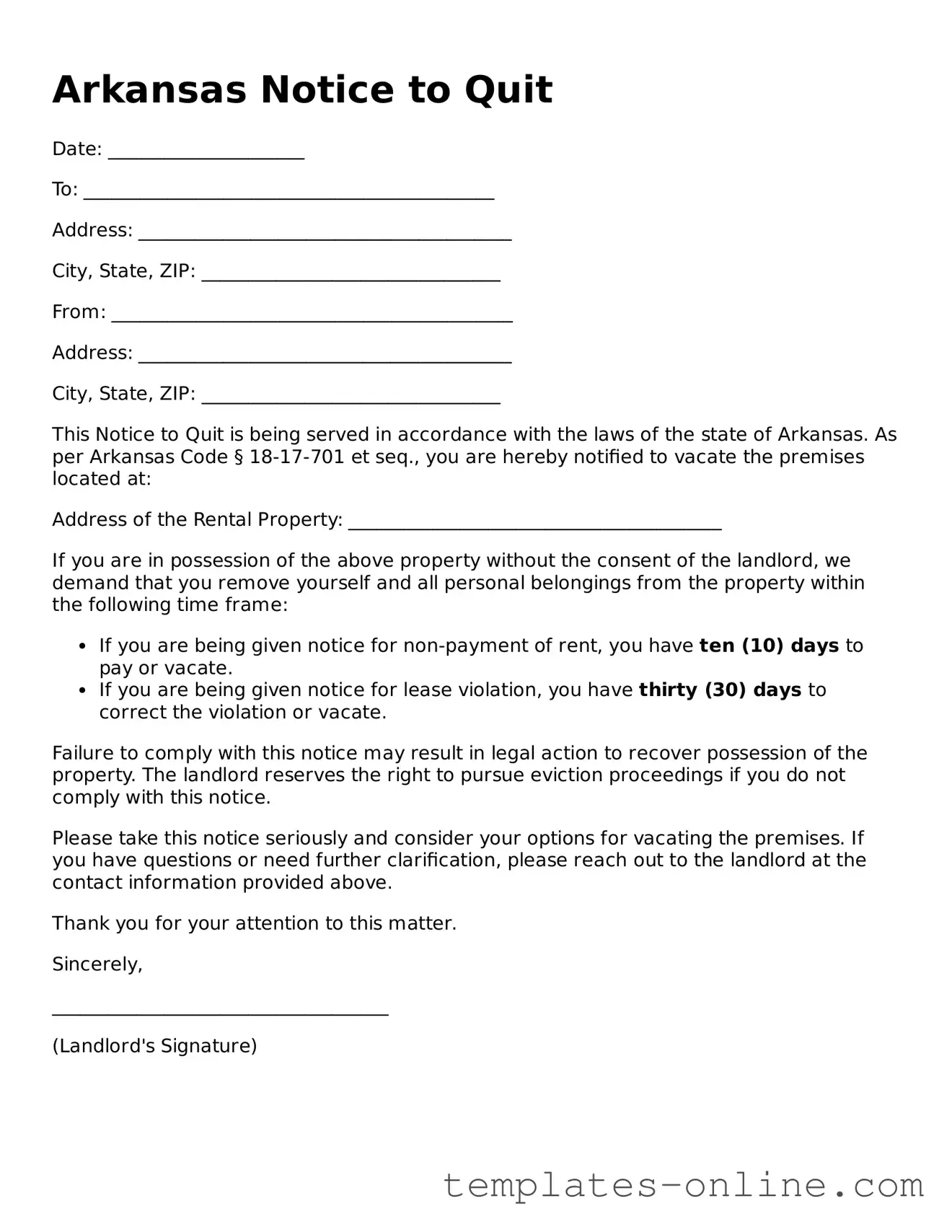Valid  Notice to Quit Template for Arkansas