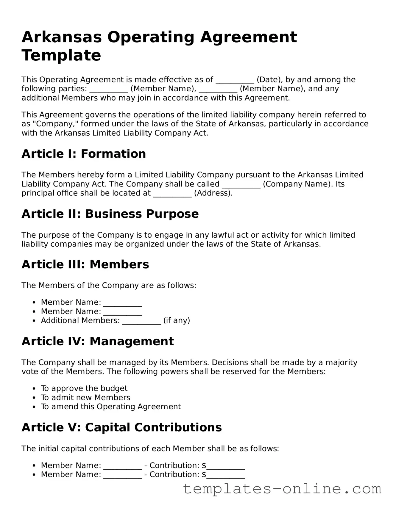 Valid  Operating Agreement Template for Arkansas