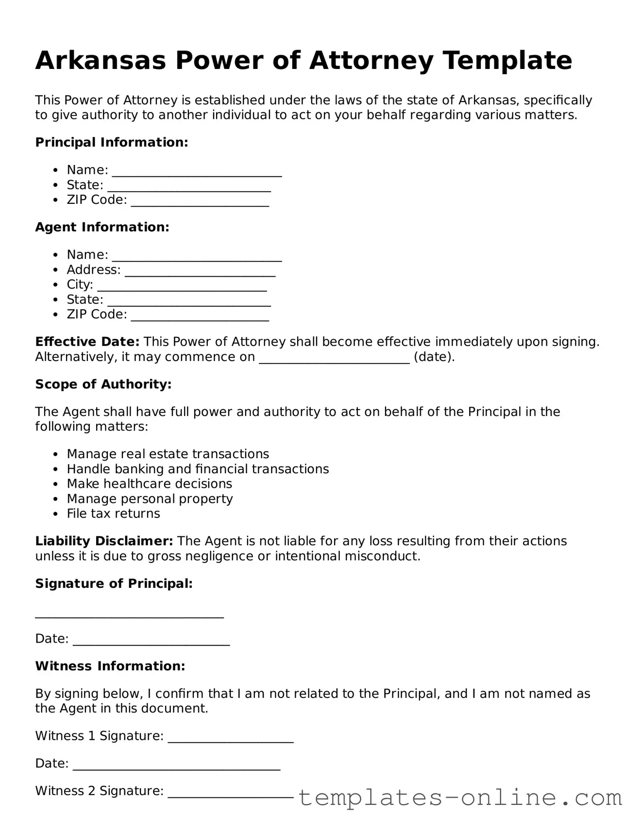 Valid  Power of Attorney Template for Arkansas