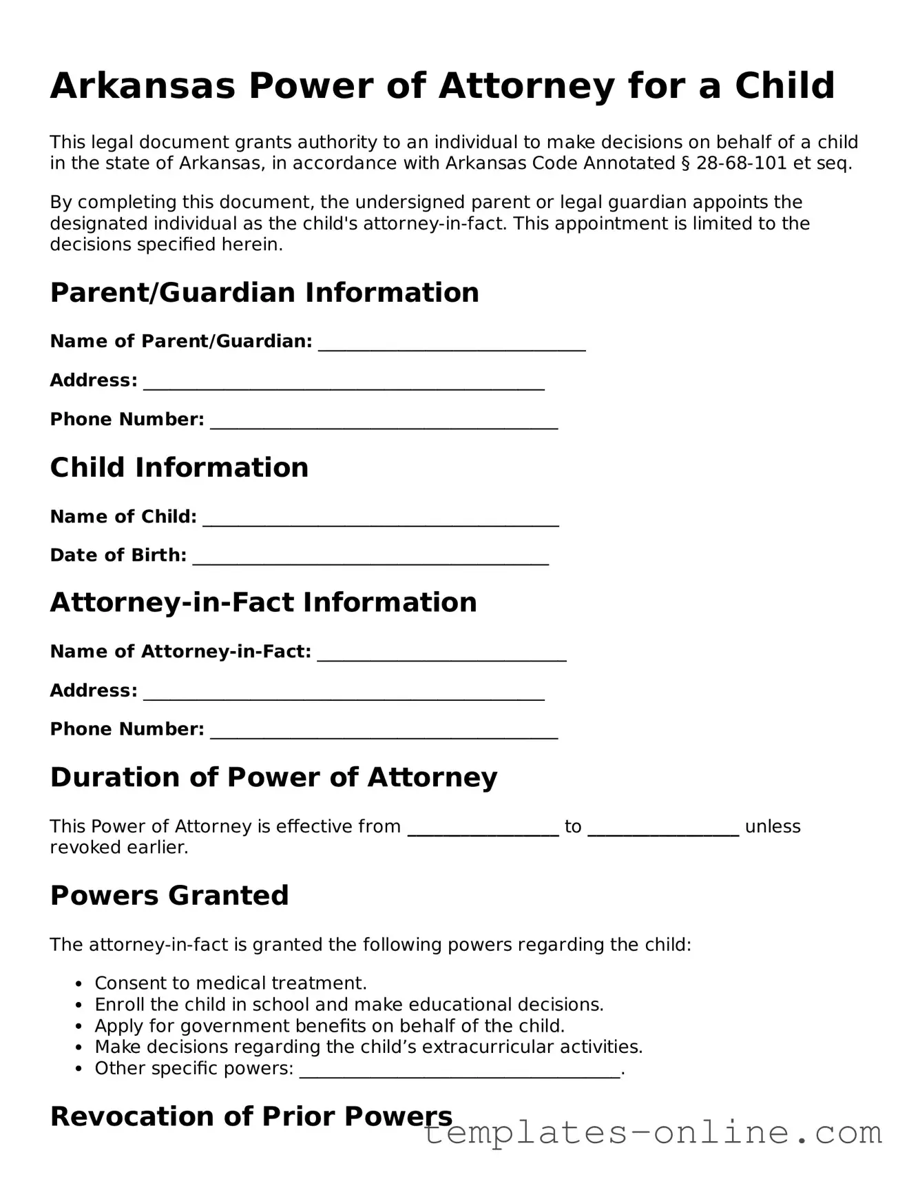 Valid  Power of Attorney for a Child Template for Arkansas