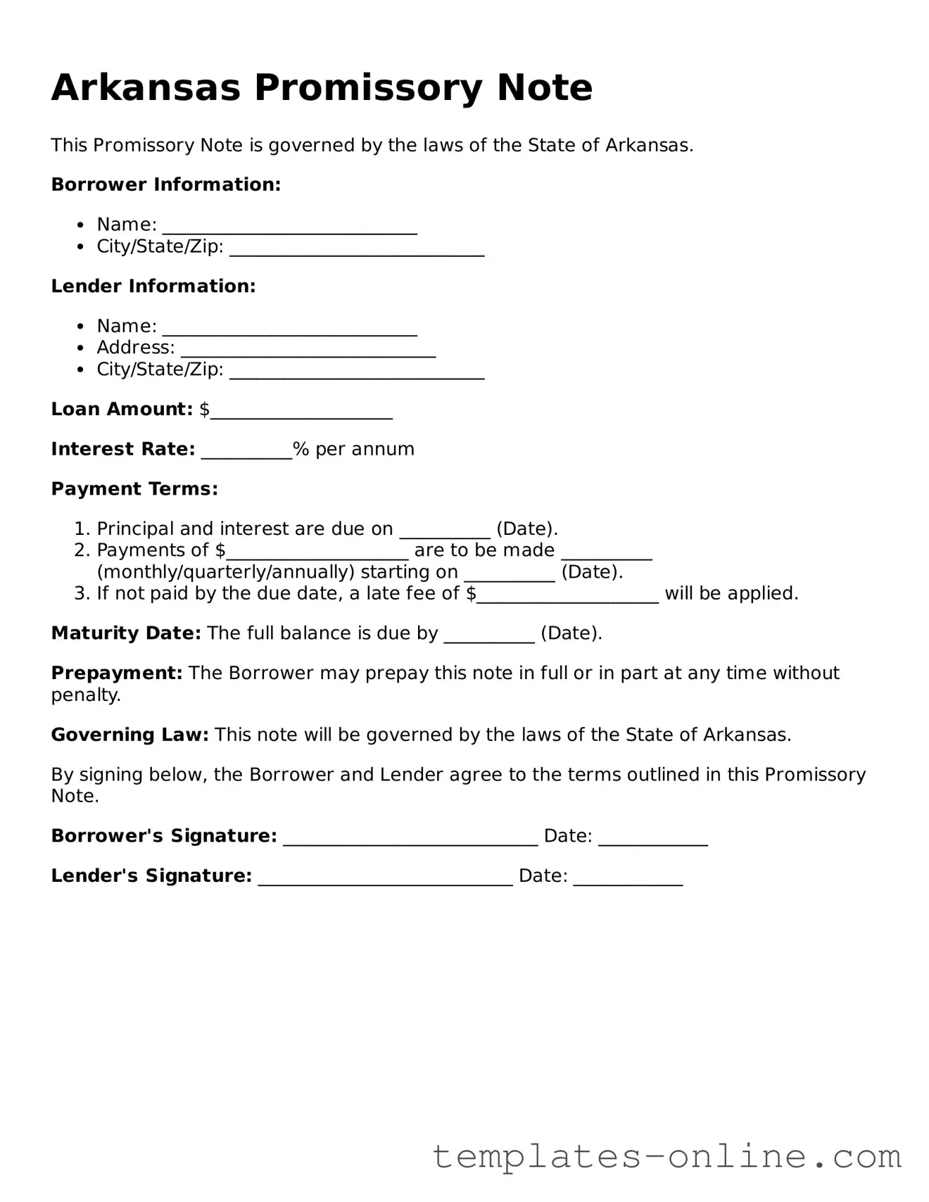 Valid  Promissory Note Template for Arkansas