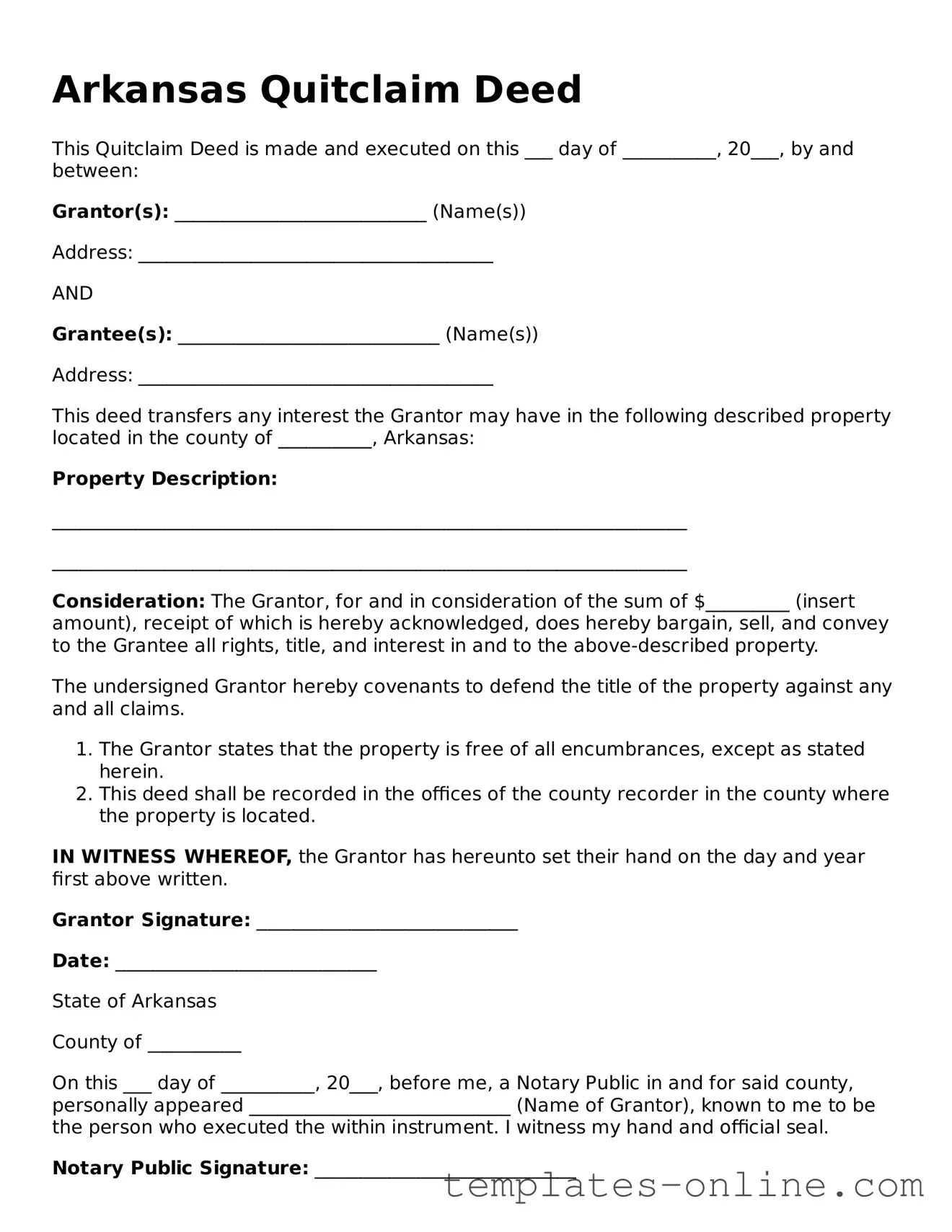 Valid  Quitclaim Deed Template for Arkansas