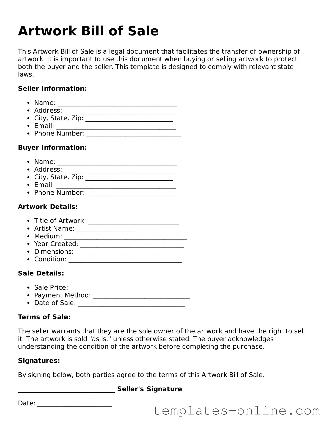 Attorney-Verified Artwork Bill of Sale Template
