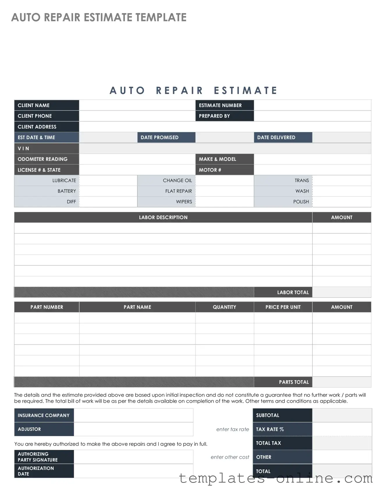 Auto Repair Estimate Template