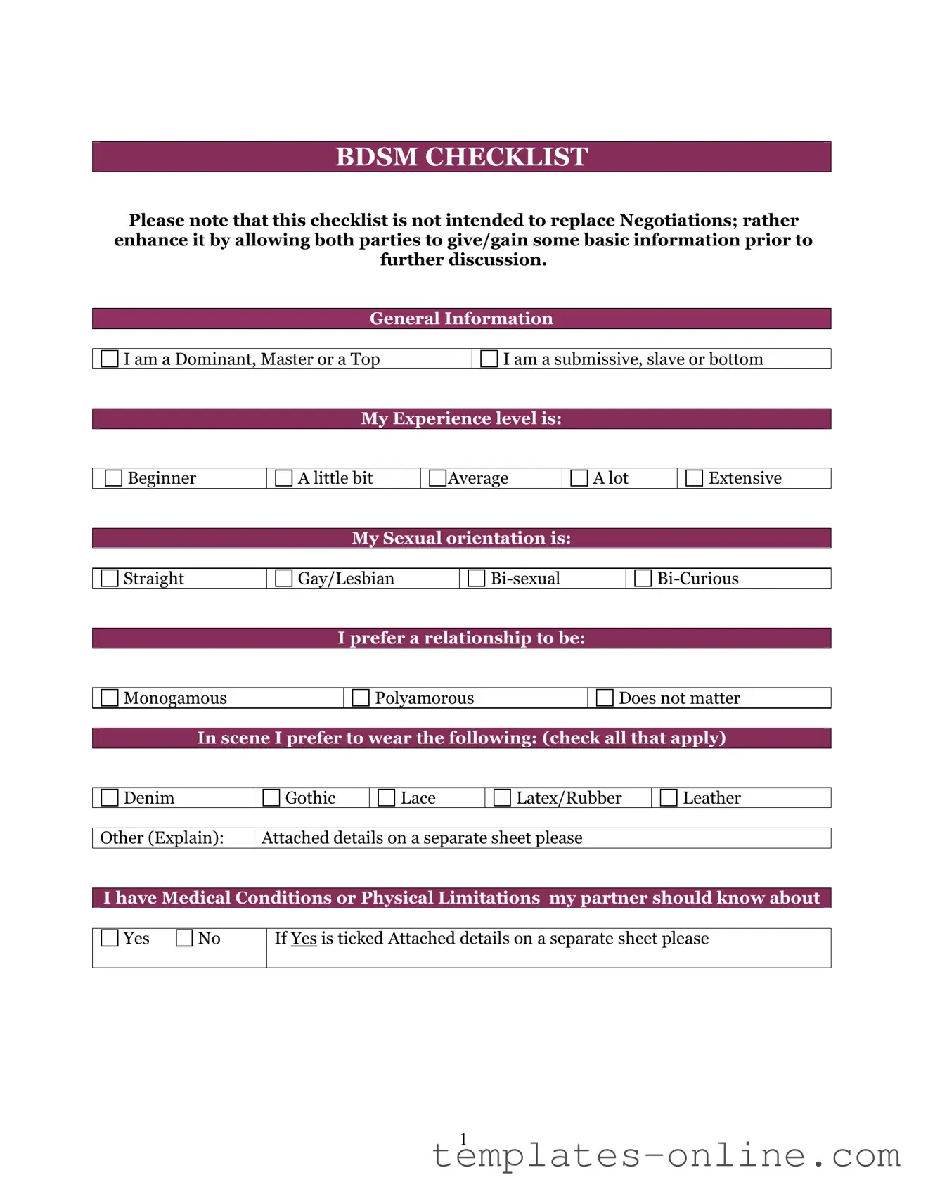 Bdsm Checklist Template